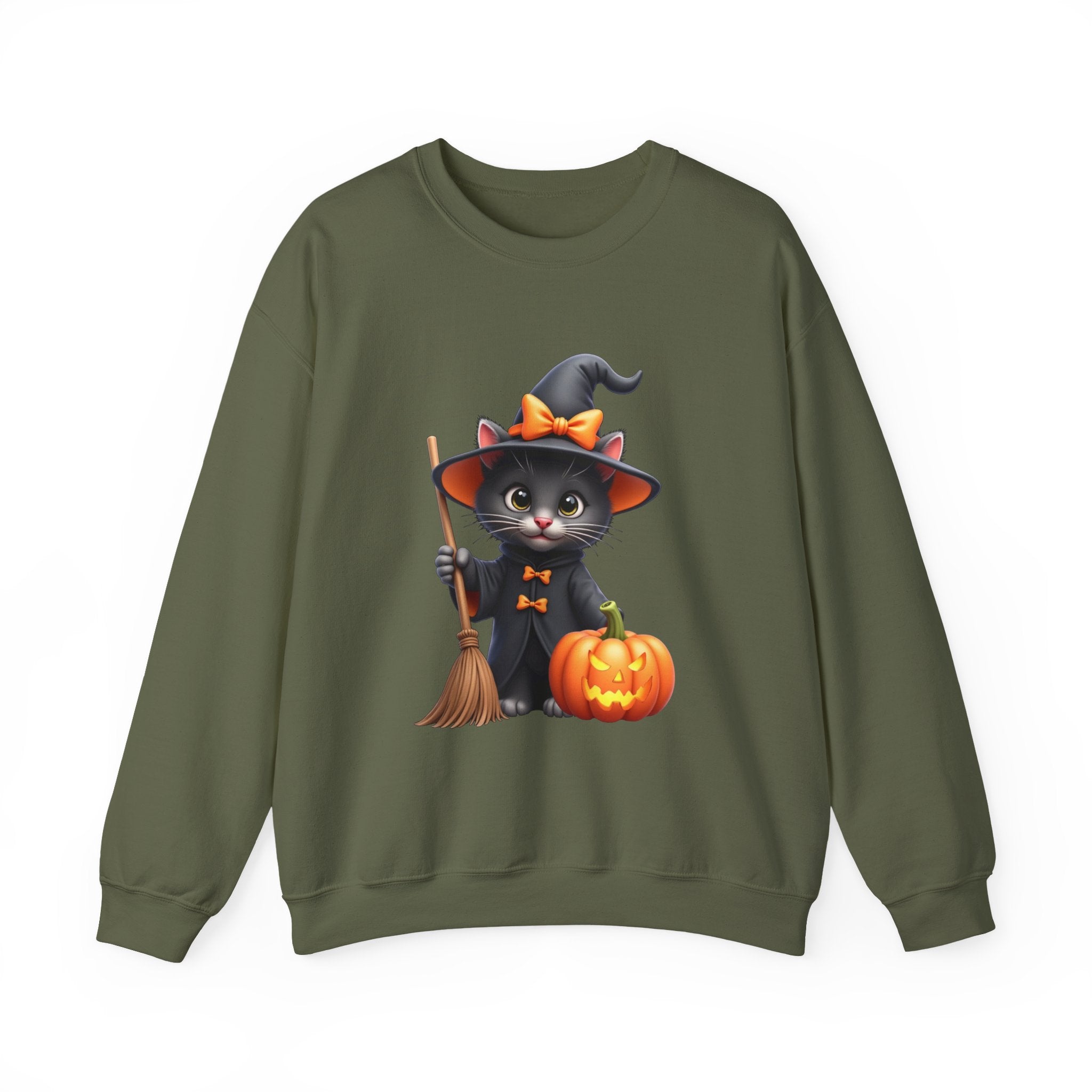 Military green sweatshirt with a Halloween-themed design of a cat in a witch costume holding a broom and pumpkin.