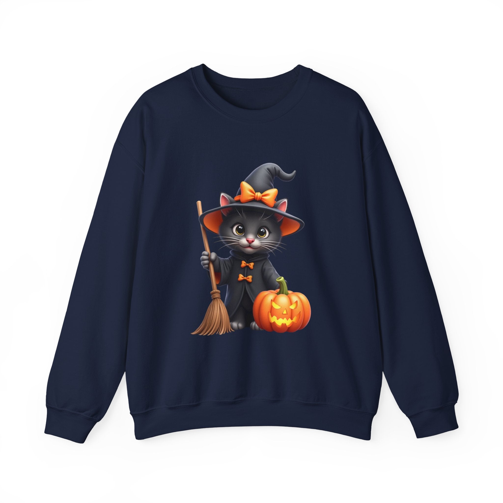Navy blue sweatshirt with a Halloween-themed design of a cat in a witch costume holding a broom and pumpkin.