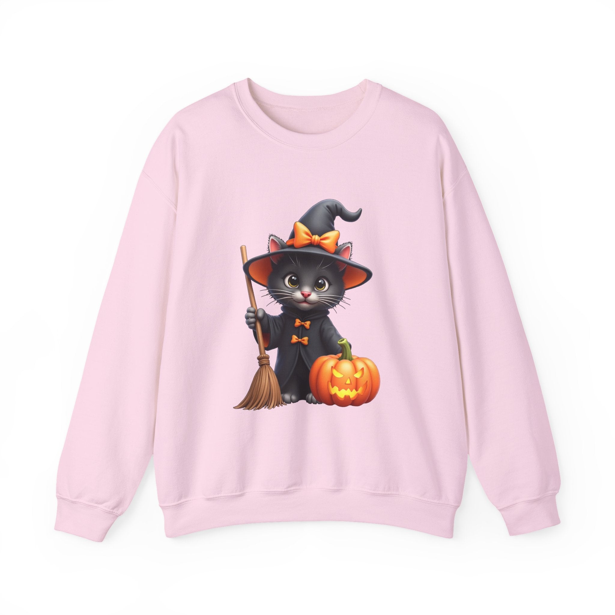 Pink sweatshirt with a Halloween-themed design of a black cat in a witch costume, broom, and pumpkin on a white background.