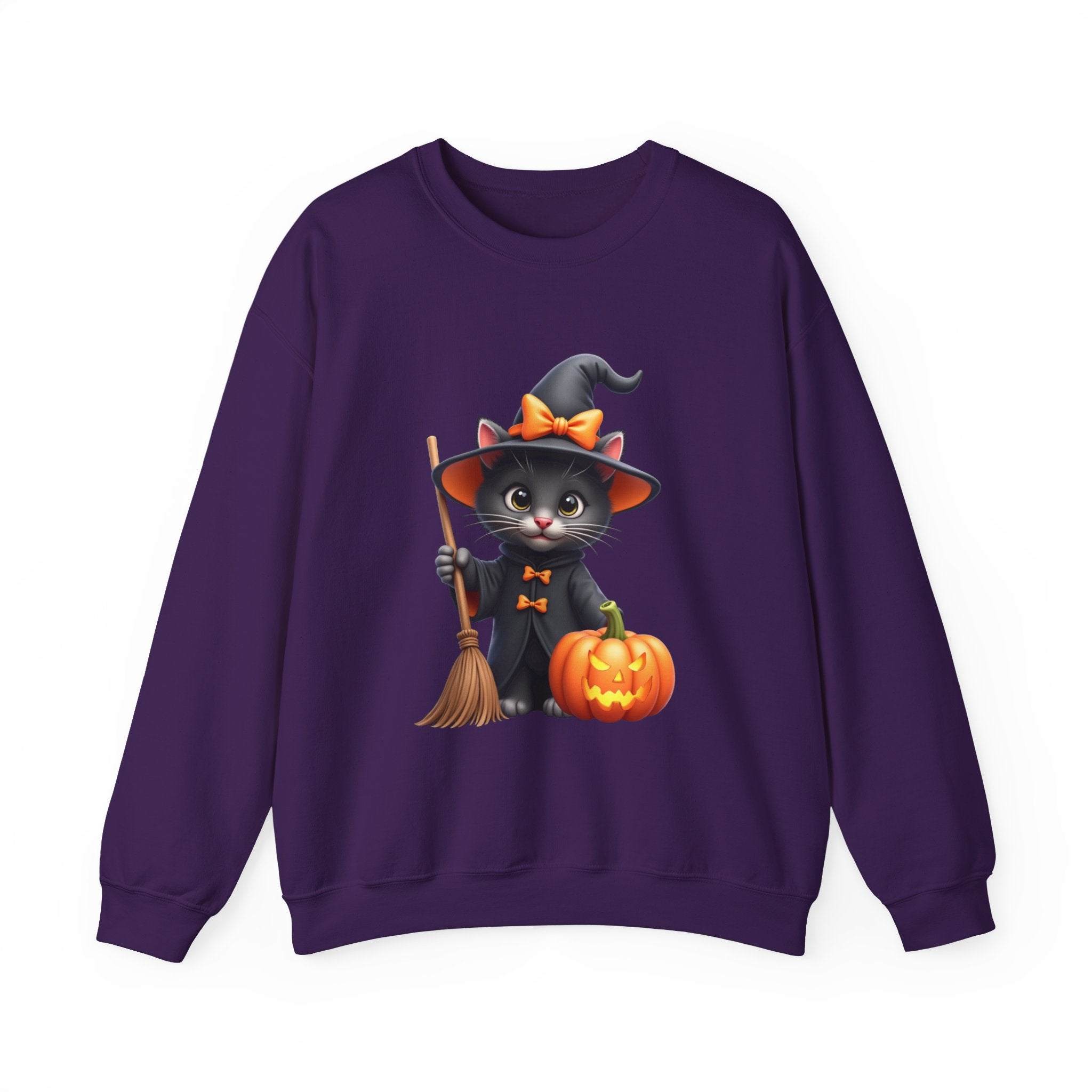 Purple sweatshirt with a Halloween-themed design of a cat in a witch costume holding a broom and pumpkin.