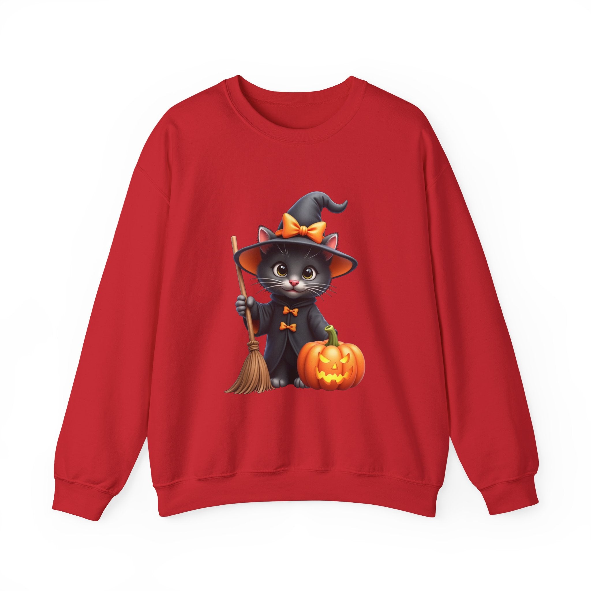Red sweatshirt with a Halloween-themed design of a cat in a witch costume holding a broom and pumpkin on a white background.