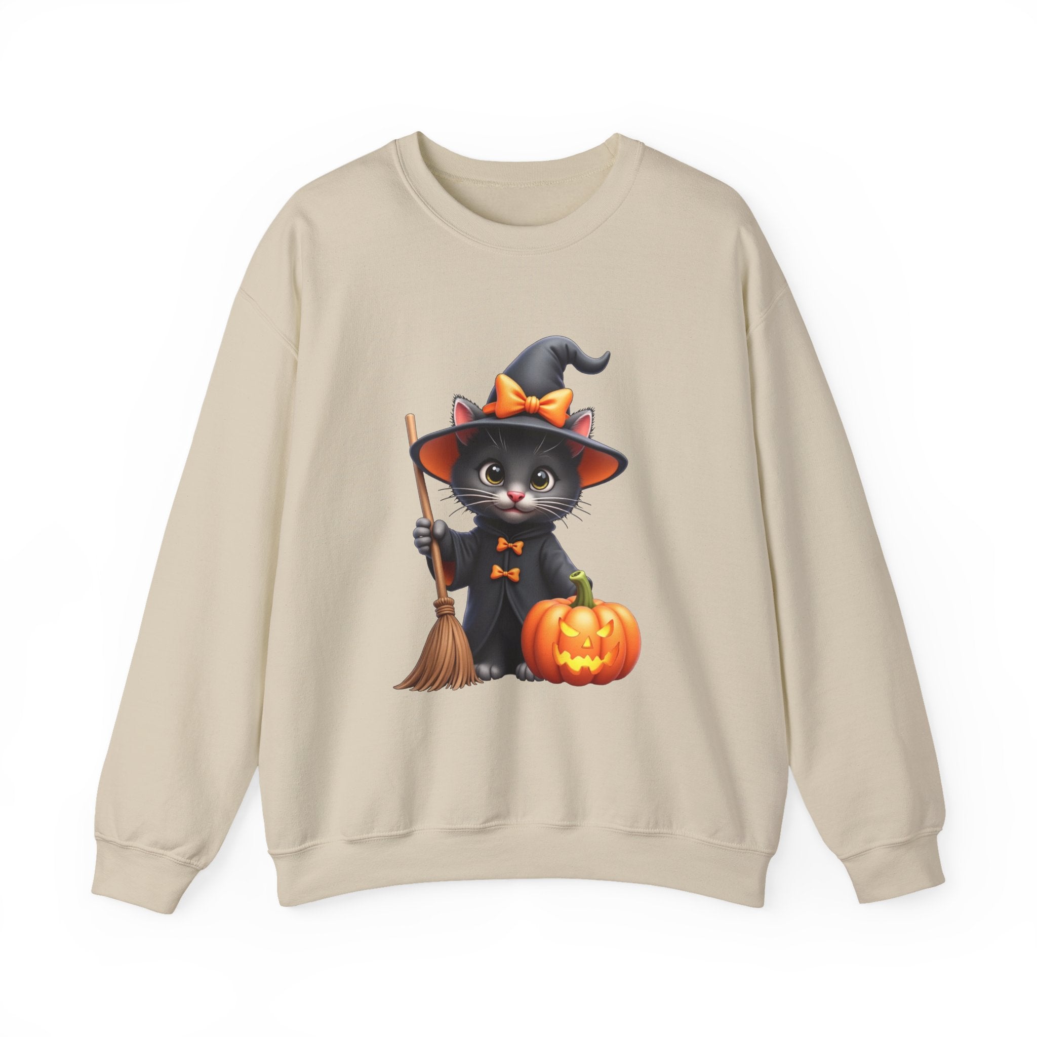 Beige sweatshirt with a Halloween-themed design of a cat in a witch costume with a broom and pumpkin.