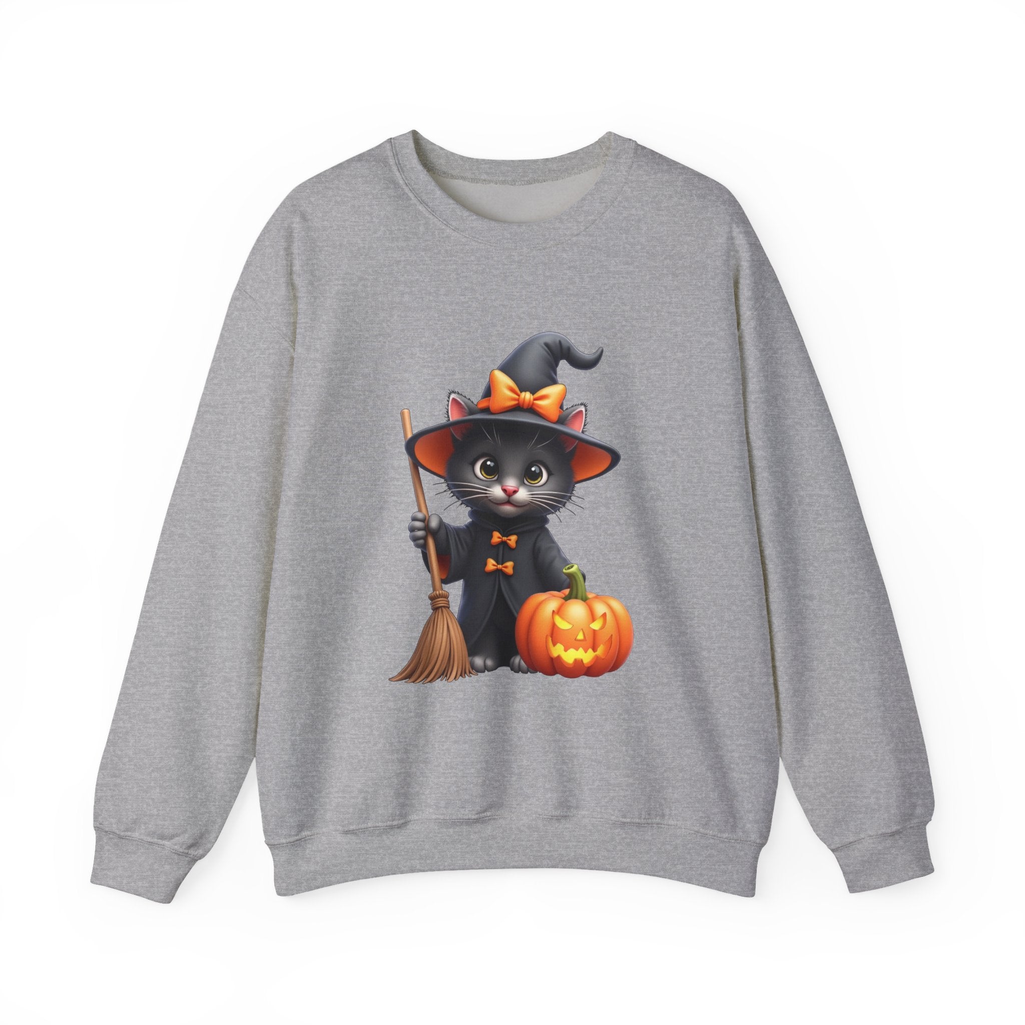 Gray sweatshirt with a Halloween-themed design of a cat in a witch costume, broom, and pumpkin on a white background.
