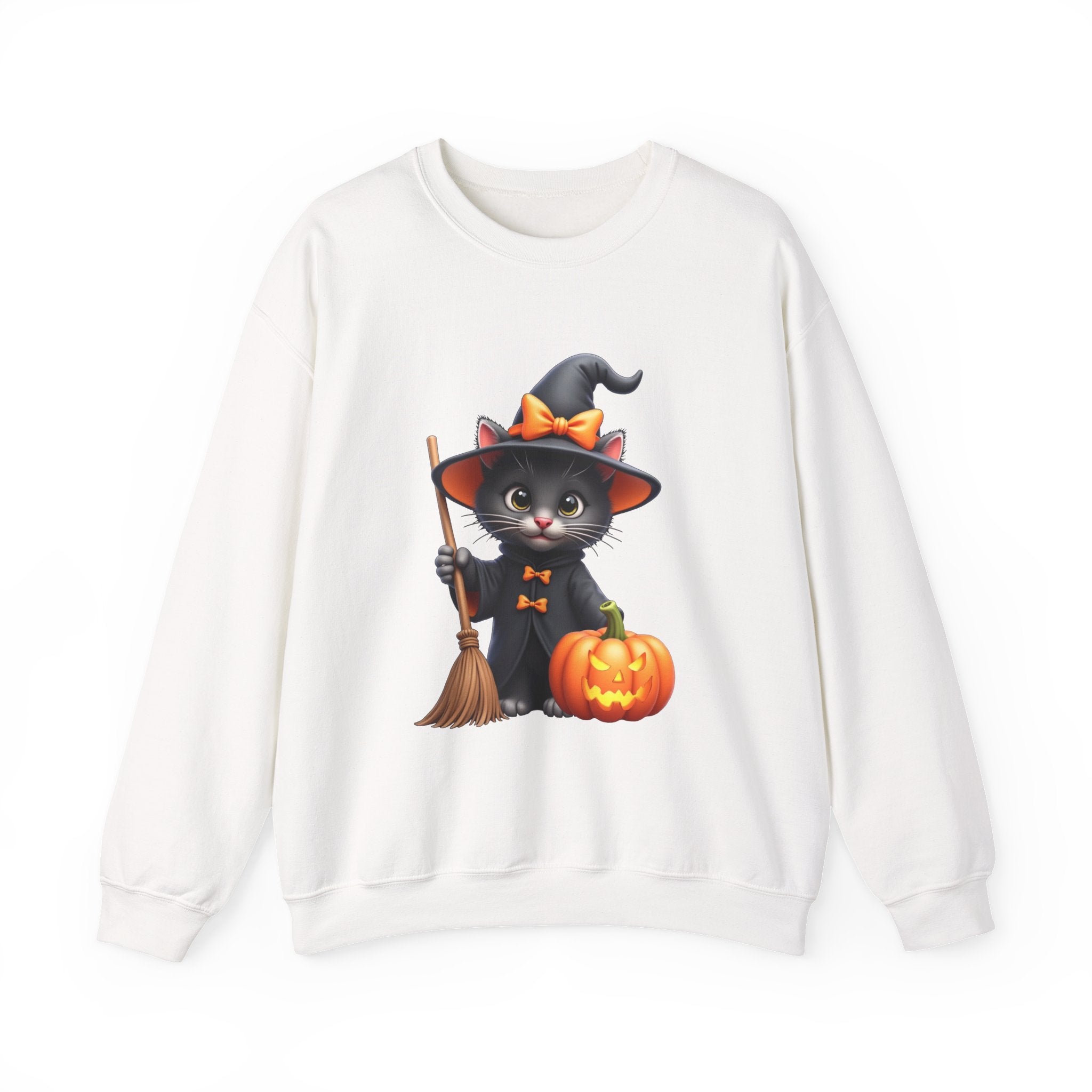 White sweatshirt with a Halloween-themed design of a cat in a witch costume, broom, and pumpkin on a white background.
