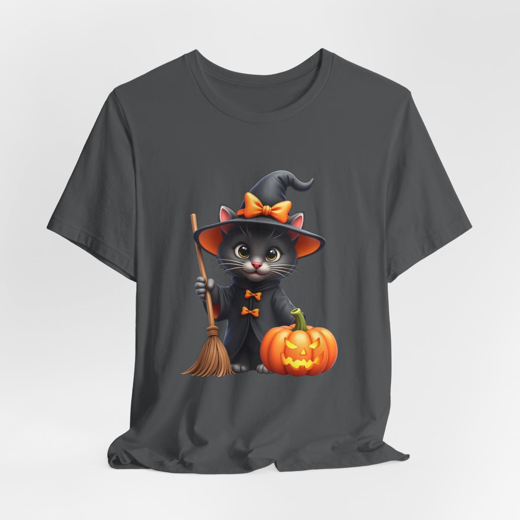 Asphalt gray t-shirt with a Halloween-themed design of a cat in a witch costume, broom, and pumpkin on a light gray background.