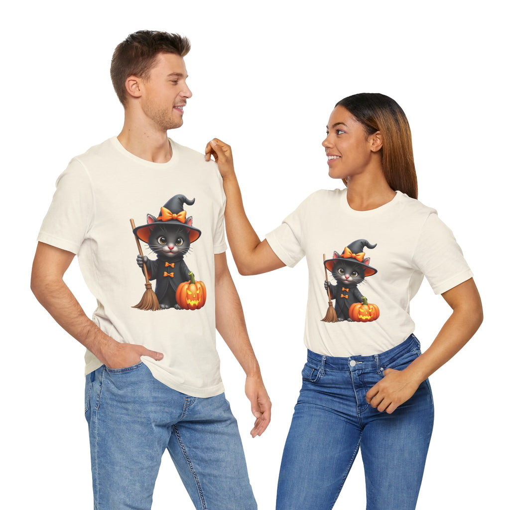 Two people wearing white t-shirts with a Halloween design of a black cat in a witch hat.