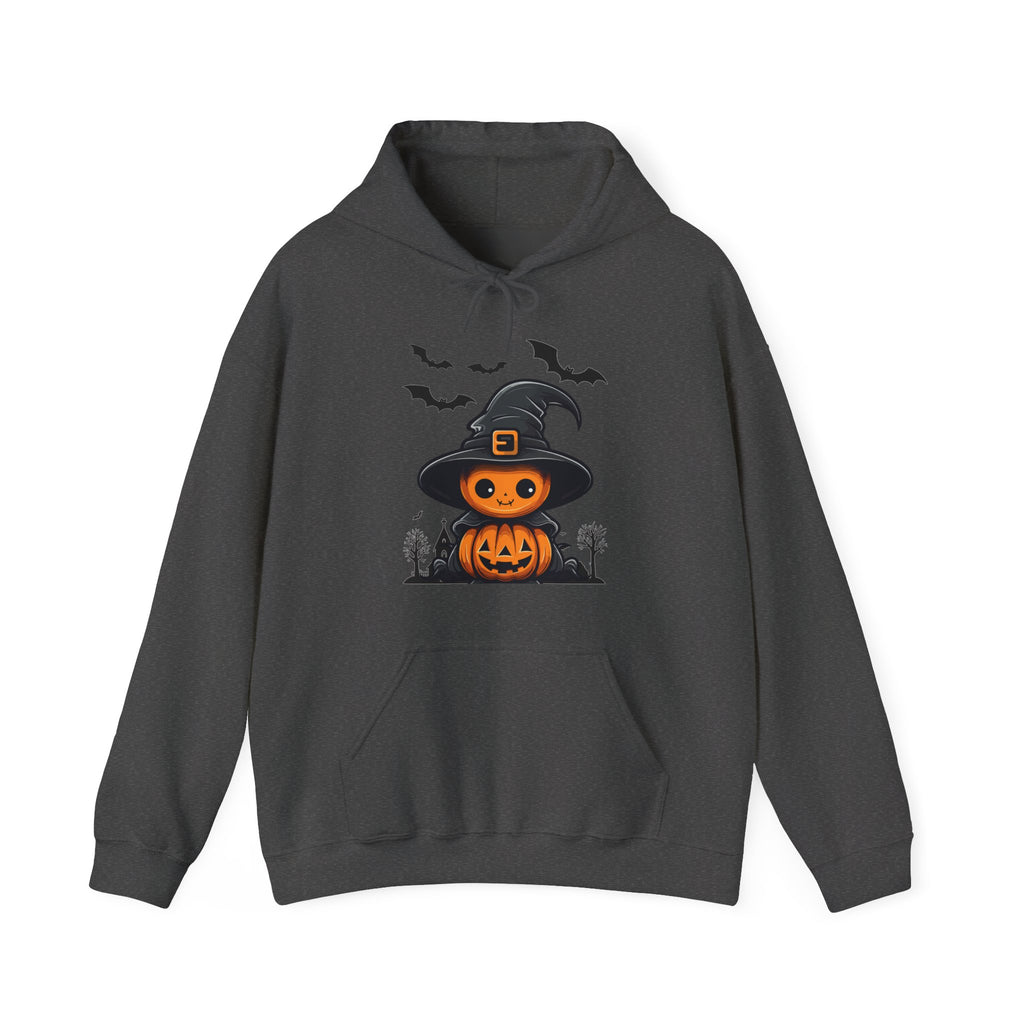 Gray hoodie with Halloween-themed design featuring a pumpkin and witch hat on a white background