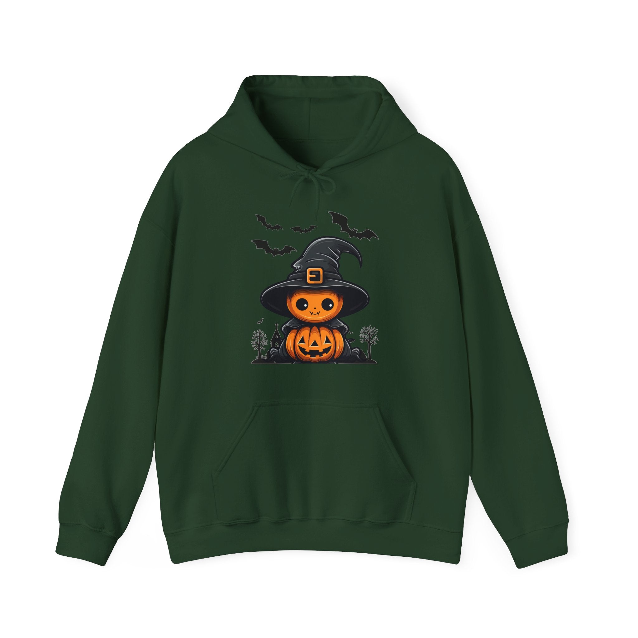Forest green hoodie with Halloween-themed design featuring a pumpkin in a witch hat on a white background