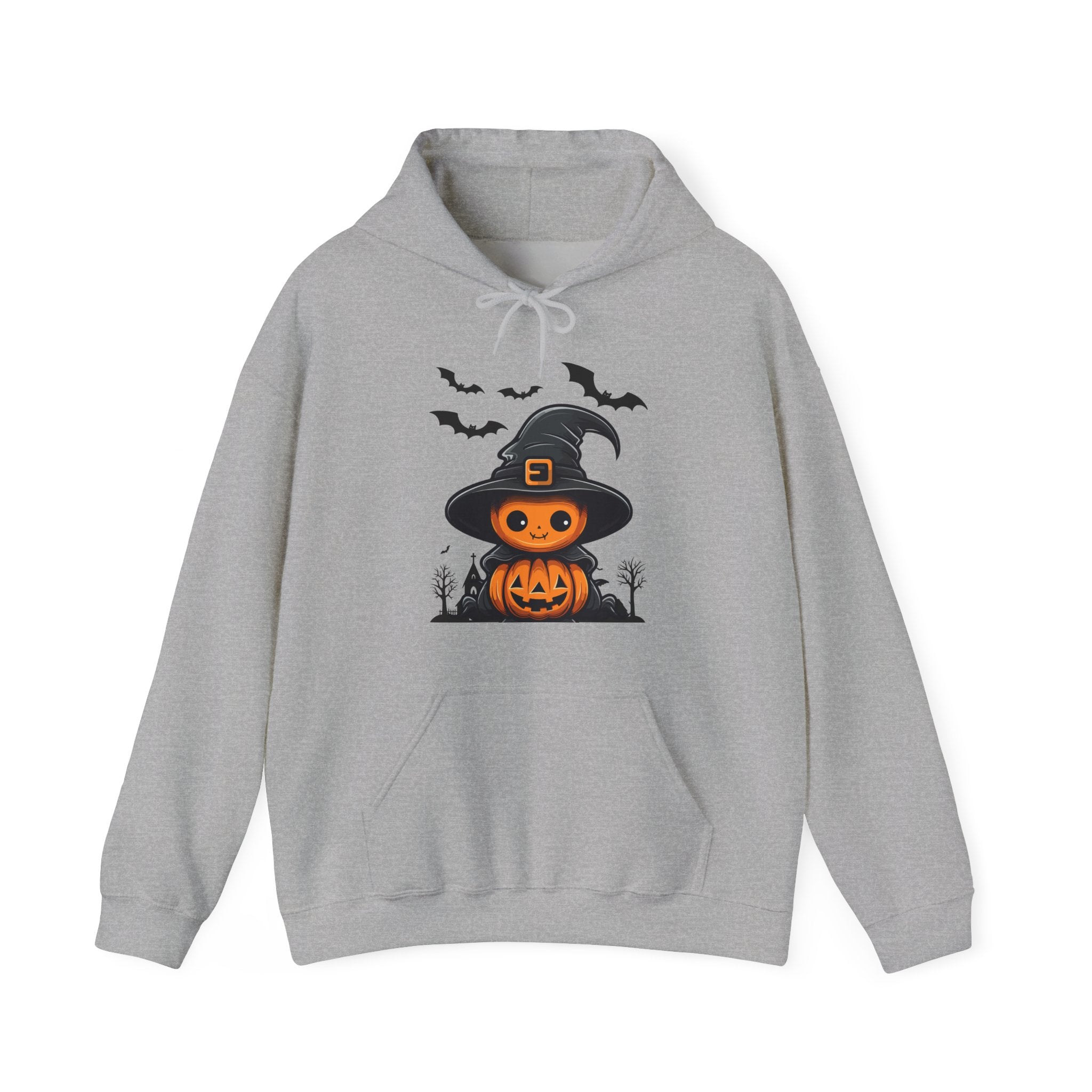 Gray hoodie with Halloween-themed design featuring a pumpkin in a witch hat on a white background