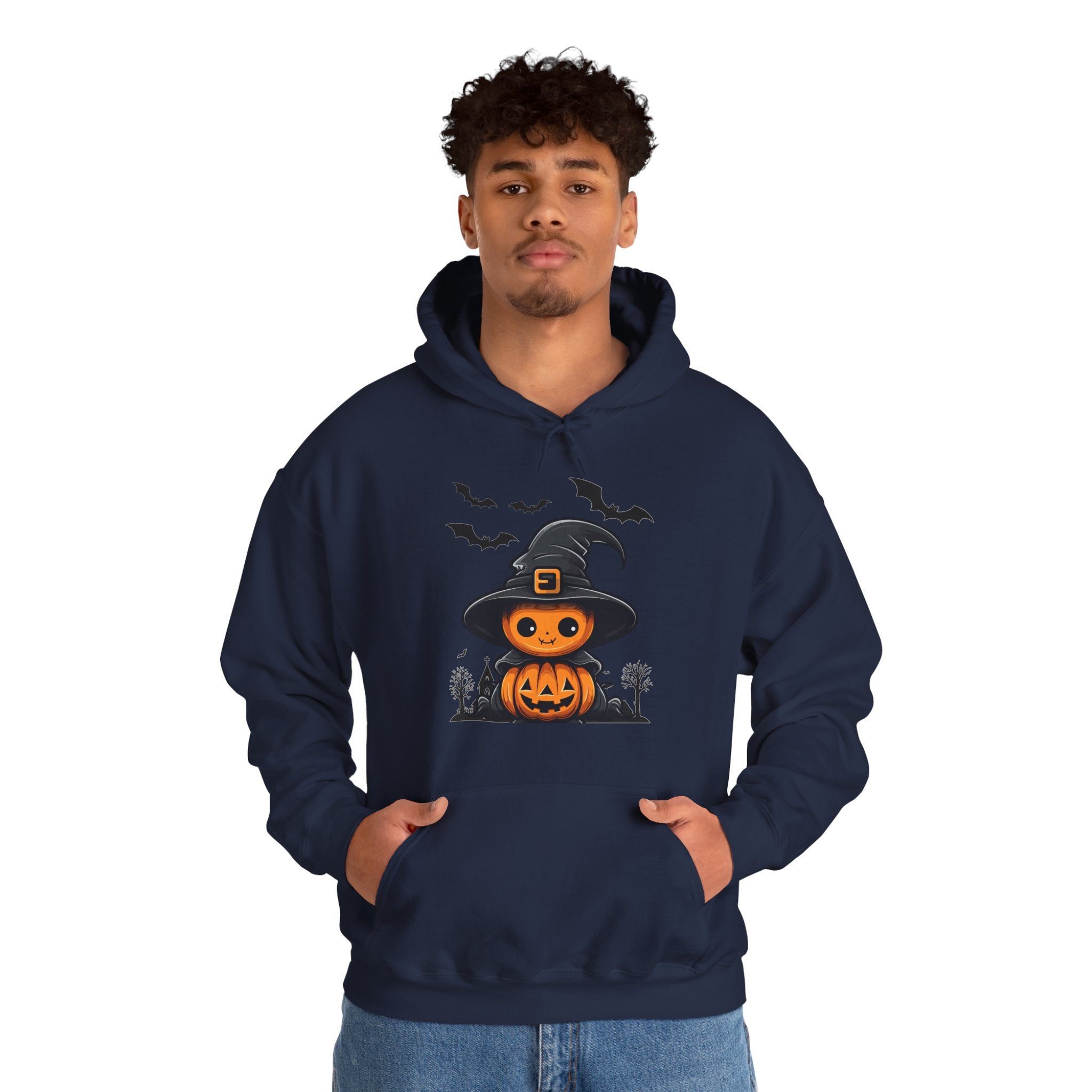 Person wearing a navy hoodie with a Halloween-themed design on a white background