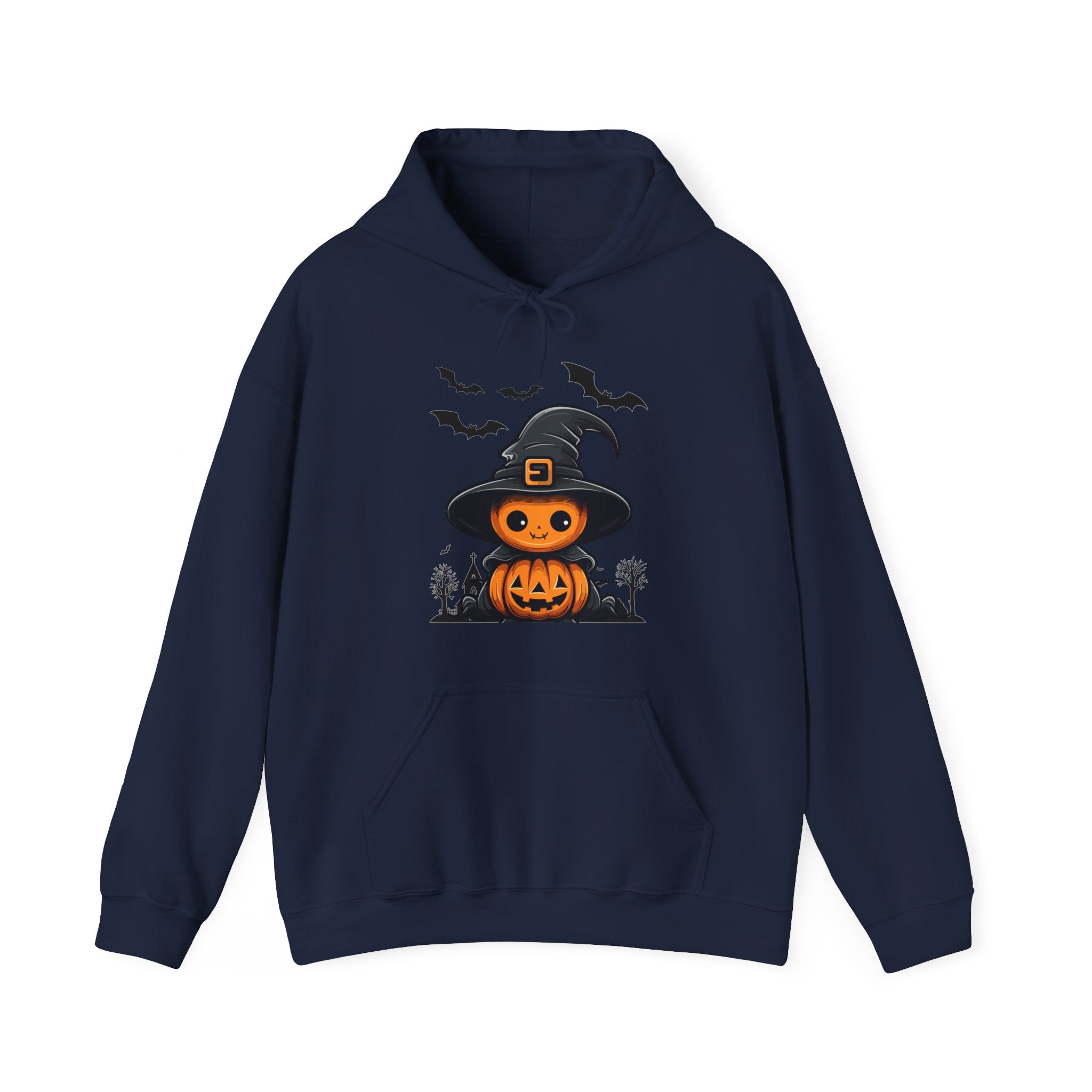 Navy blue hoodie with Halloween-themed design featuring a pumpkin and witch hat on a white background.