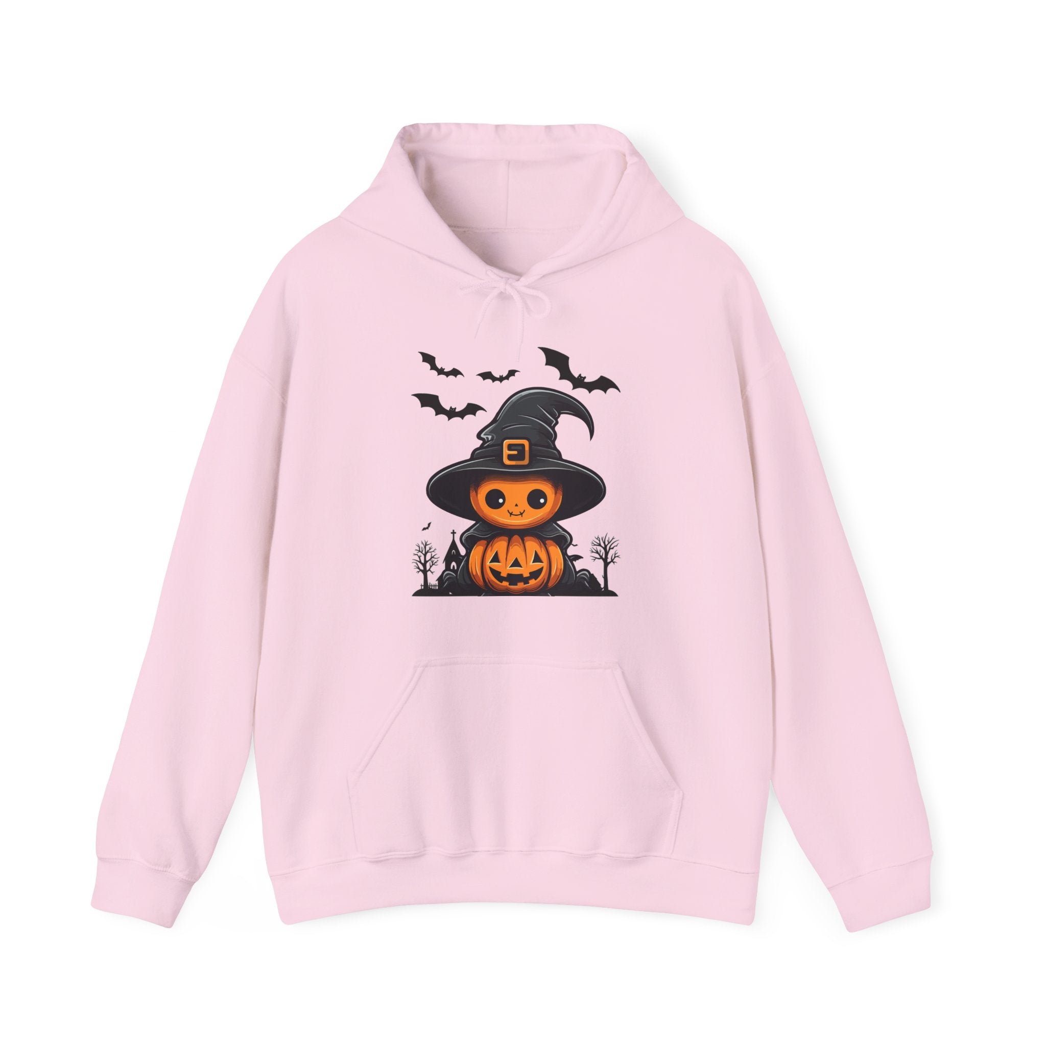Pink hoodie with Halloween-themed design on a white background
