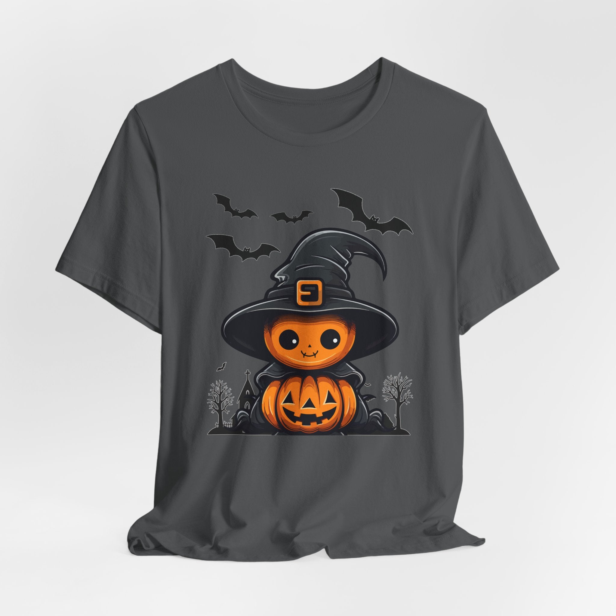 Asphalt gray t-shirt with Halloween-themed design featuring a pumpkin in a witch hat on a white background