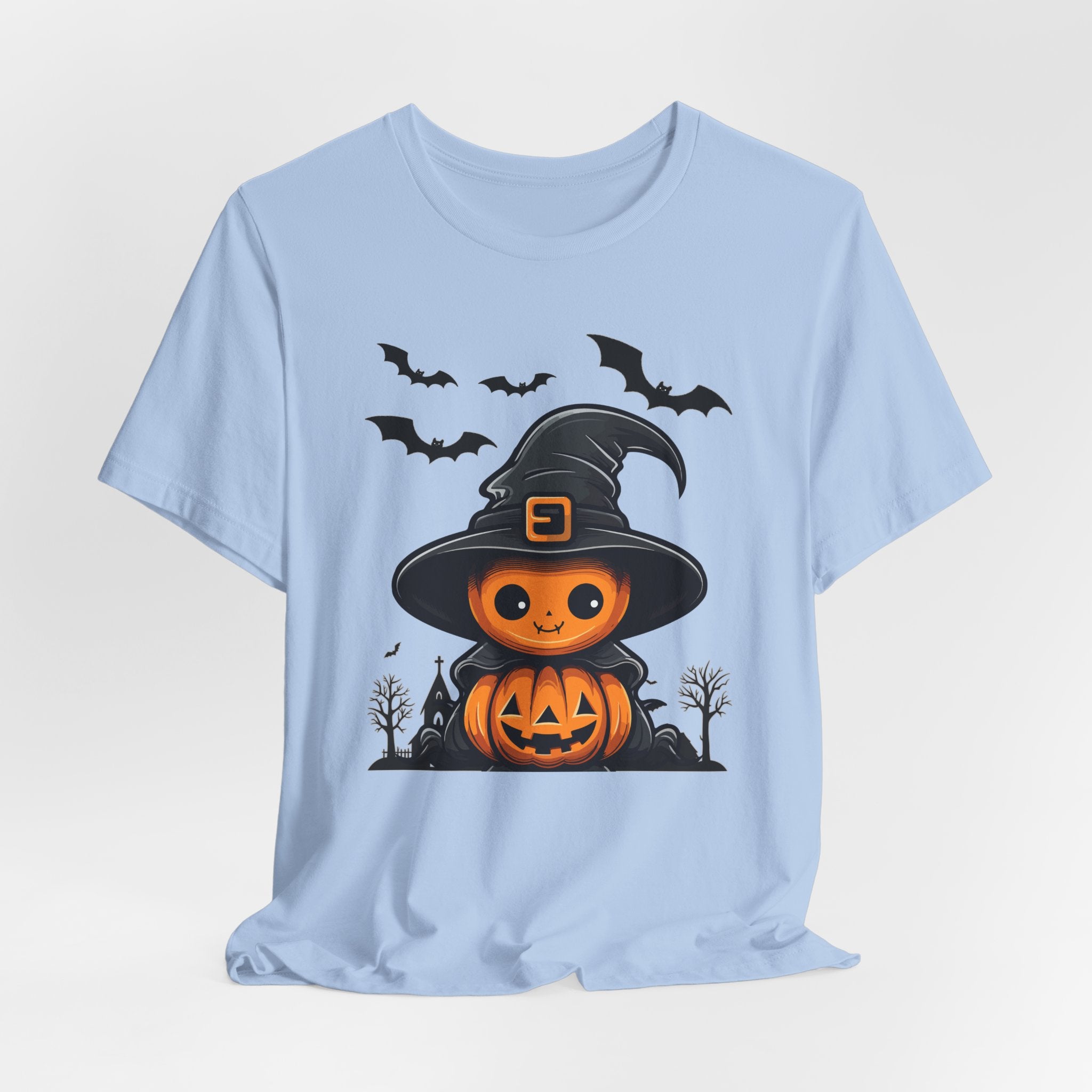 Light blue t-shirt with Halloween-themed design featuring a pumpkin in a witch hat on a white background
