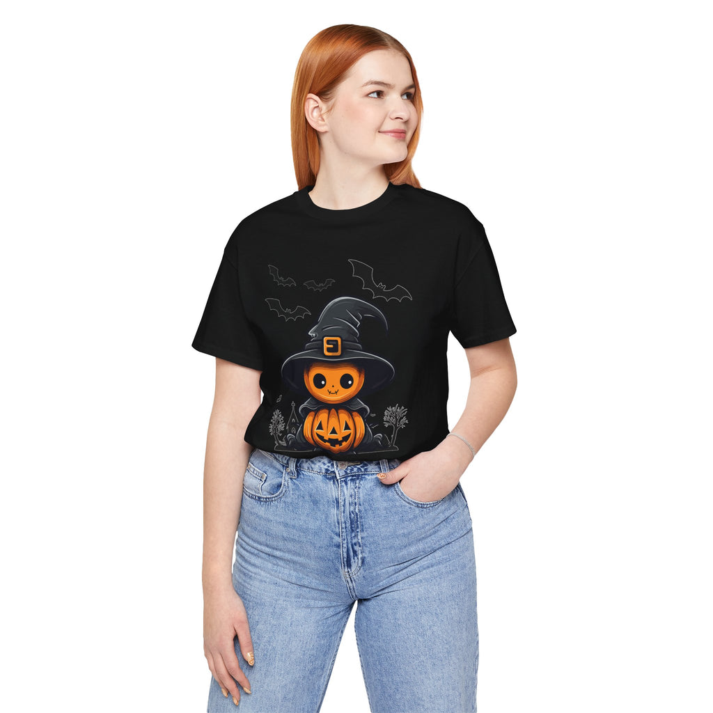 Person wearing a black t-shirt with a Halloween-themed design on a white background