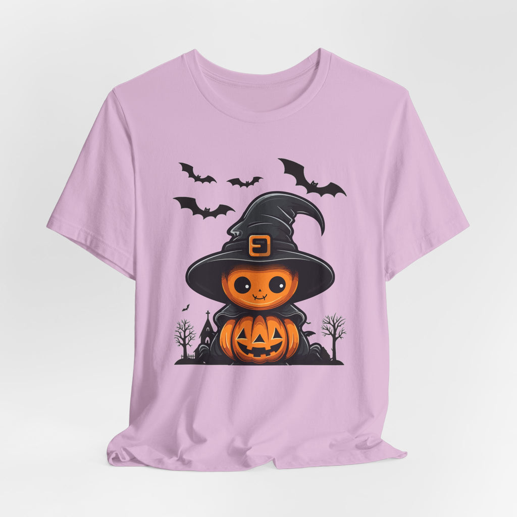 Lilac purple t-shirt with Halloween-themed design featuring a pumpkin in a witch hat on a light purple background.