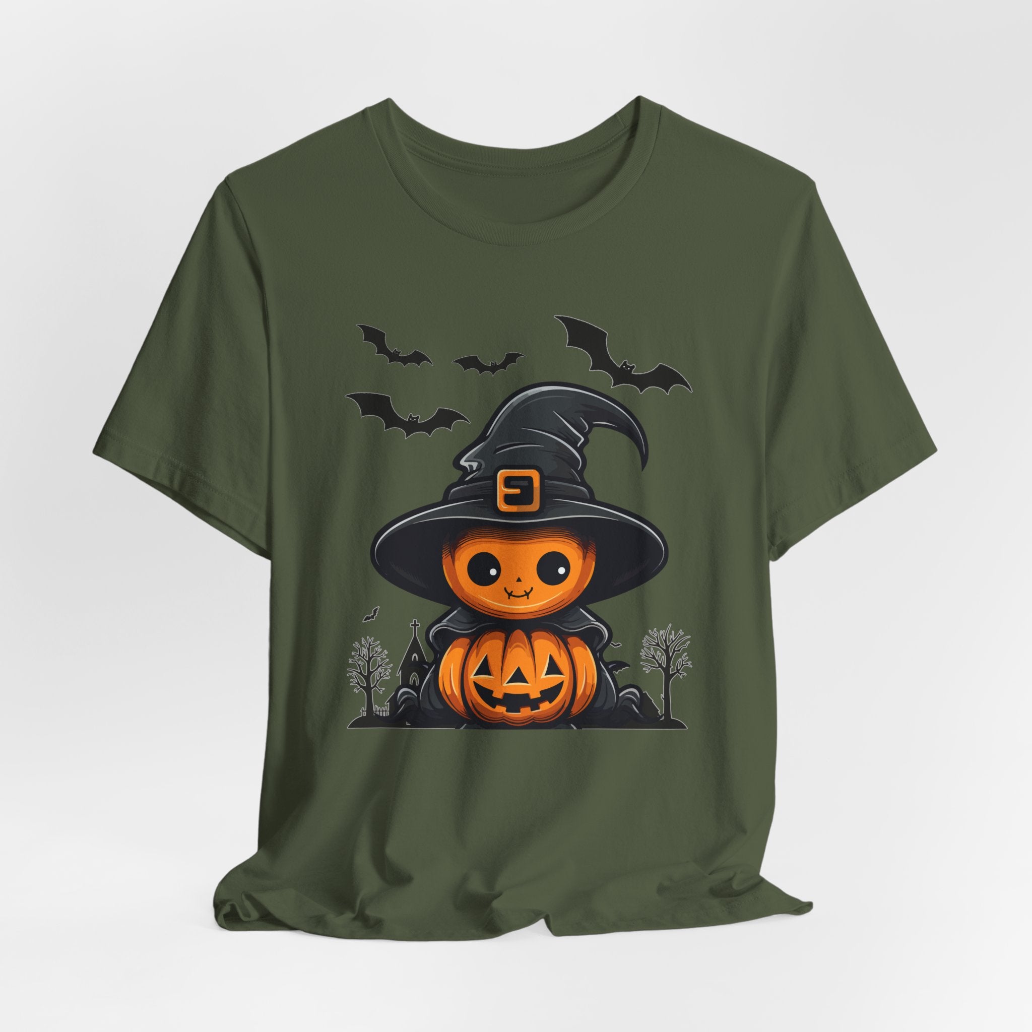 Military green t-shirt with a Halloween-themed design featuring a pumpkin in a witch hat on a white background