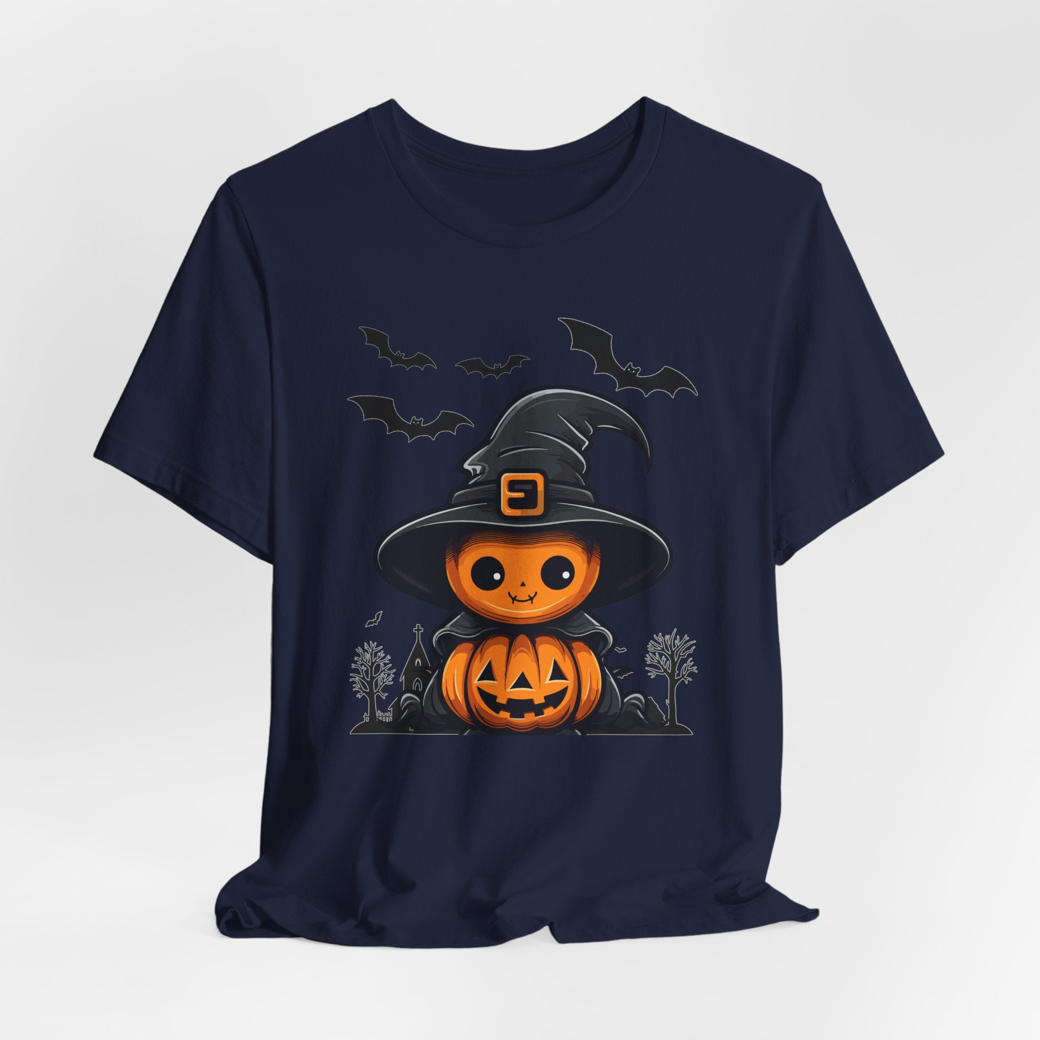 Navy blue t-shirt with a Halloween-themed design of a pumpkin in a witch hat on a white background
