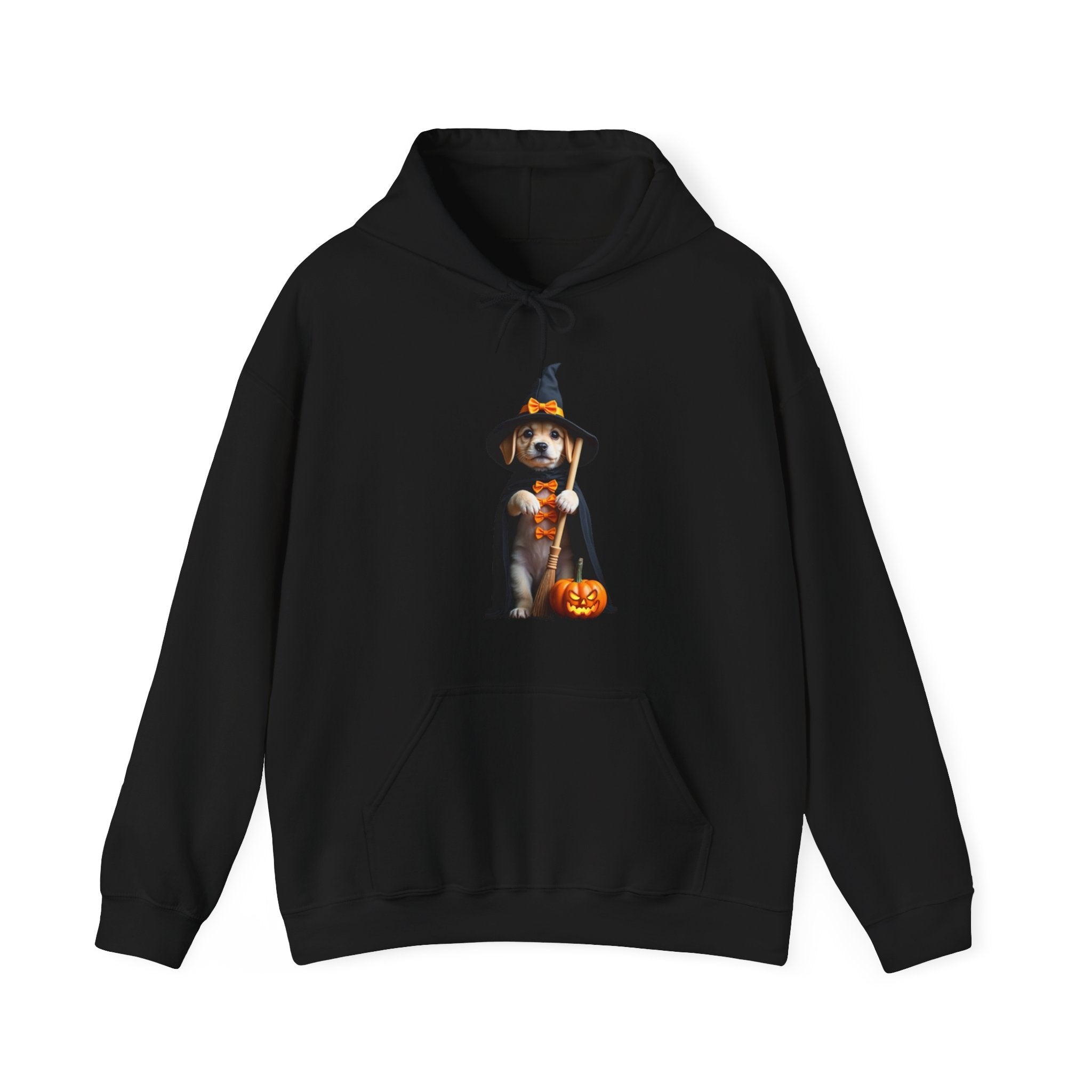 Black hoodie with a dog wearing a witch hat and pumpkin design on a white background