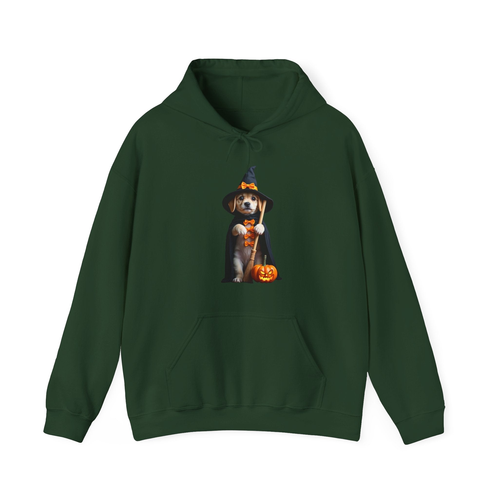 Forest green hoodie with a dog wearing a witch hat and holding a pumpkin on a white background