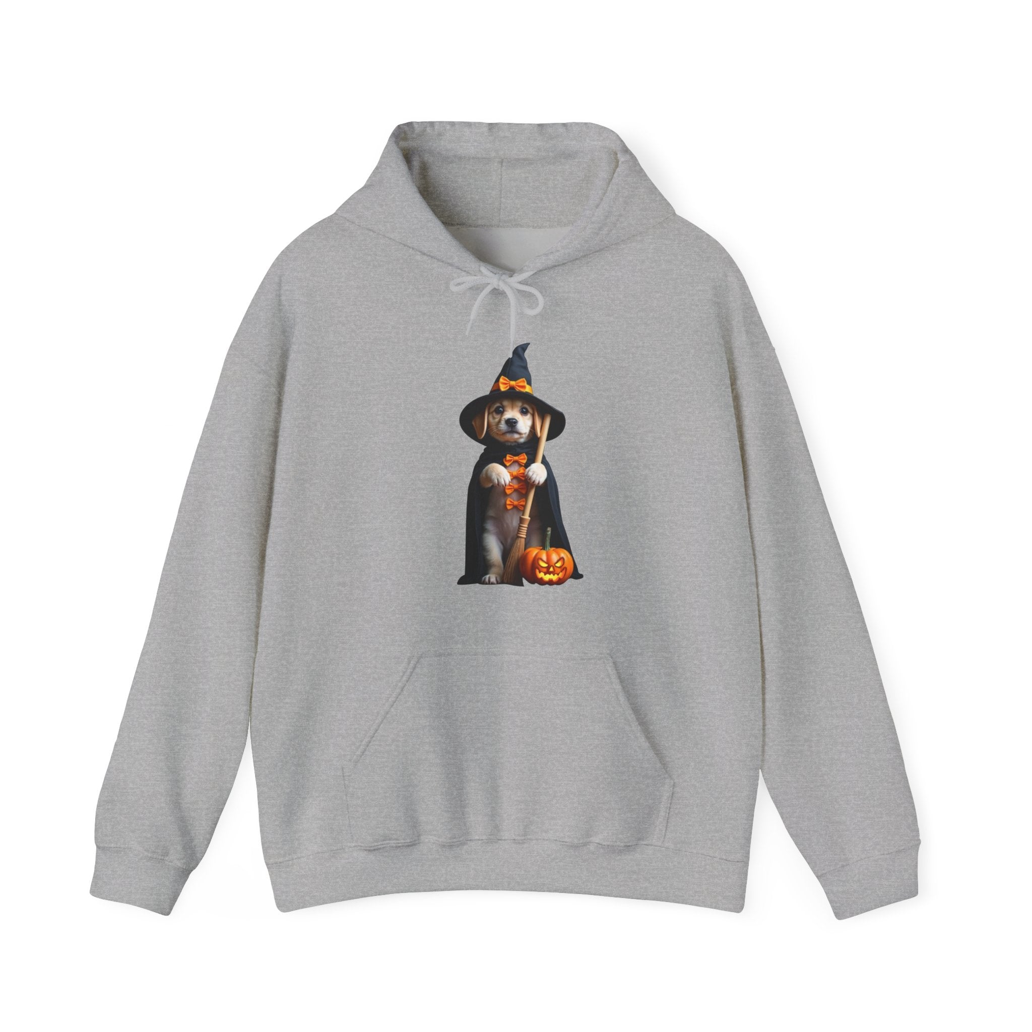 Gray hoodie with a dog wearing a witch hat and pumpkin design on a white background