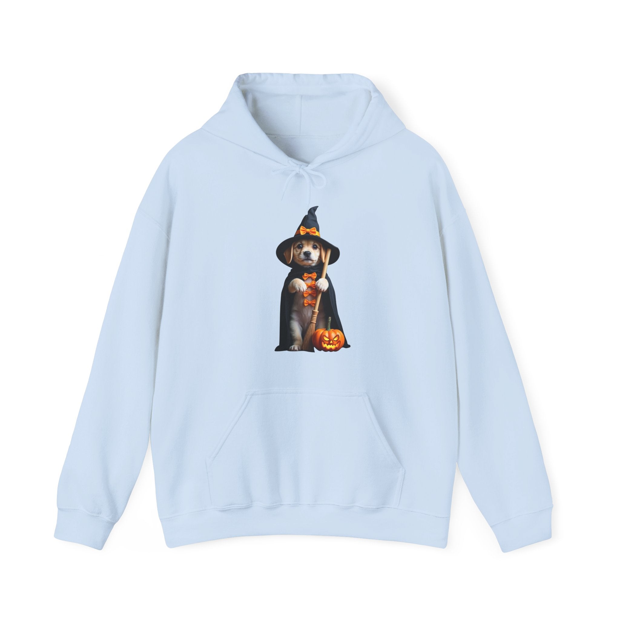 Light blue hoodie with a Halloween-themed dog graphic on a white background