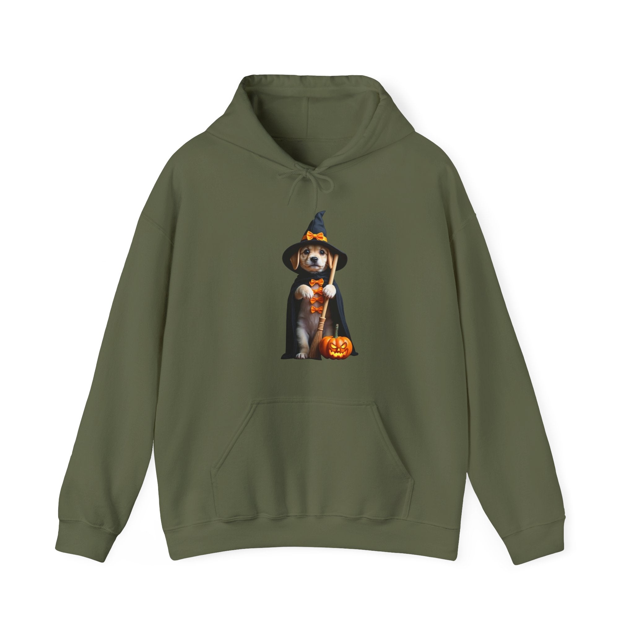 Military green hoodie with a dog wearing a witch costume and pumpkin graphic on a white background