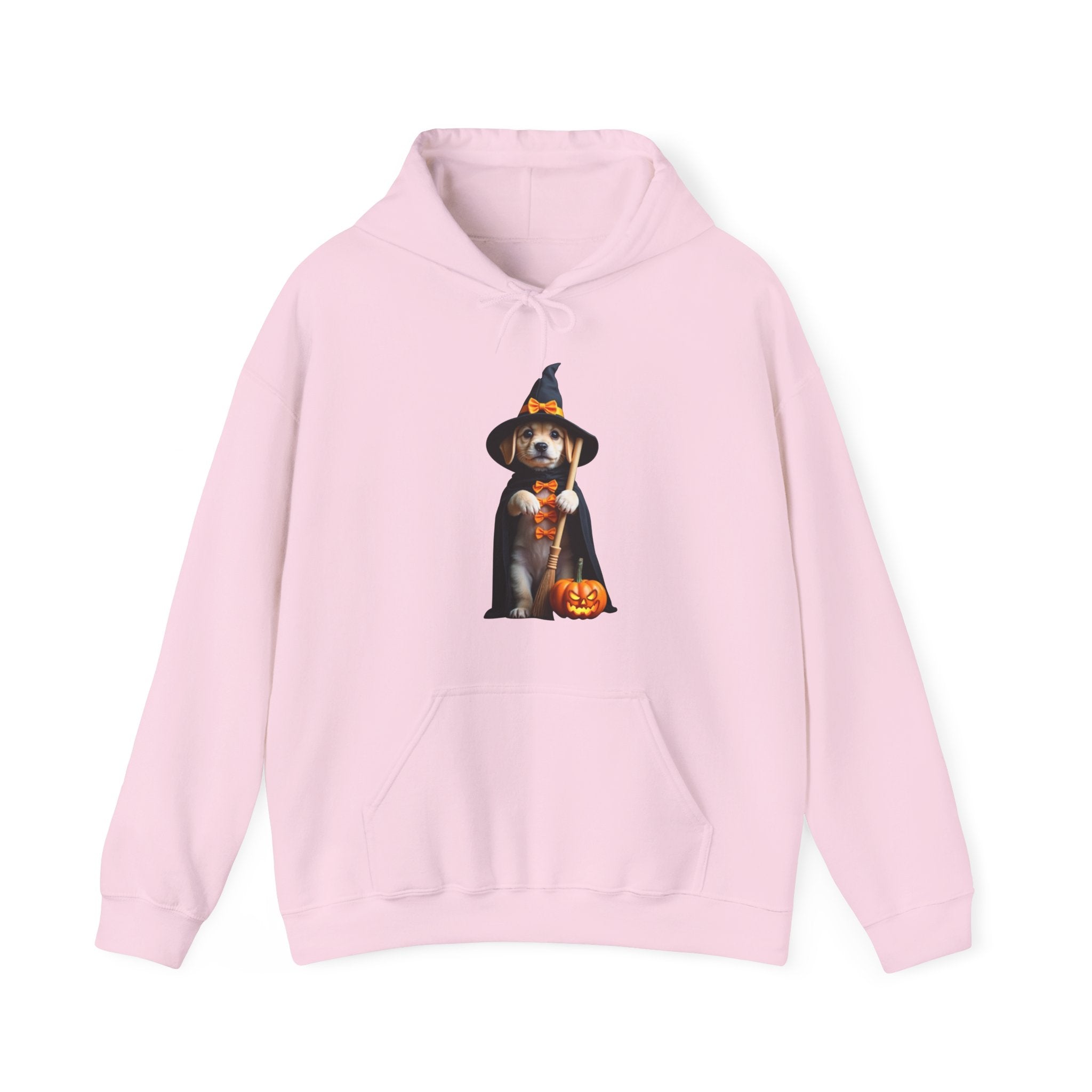 Pink hoodie with a Halloween-themed dog graphic on a white background