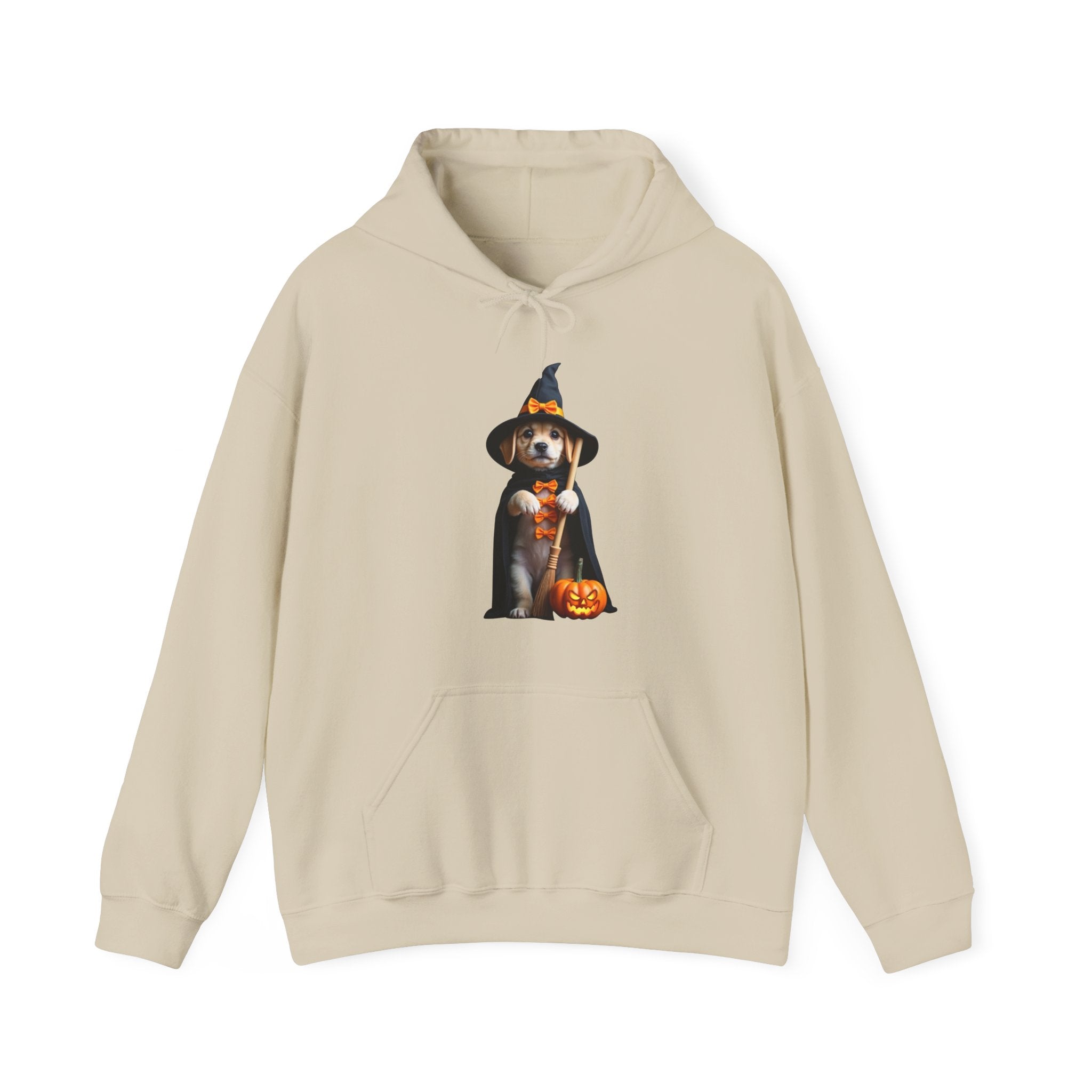 Beige hoodie with a dog in a witch hat and pumpkin design on a white background