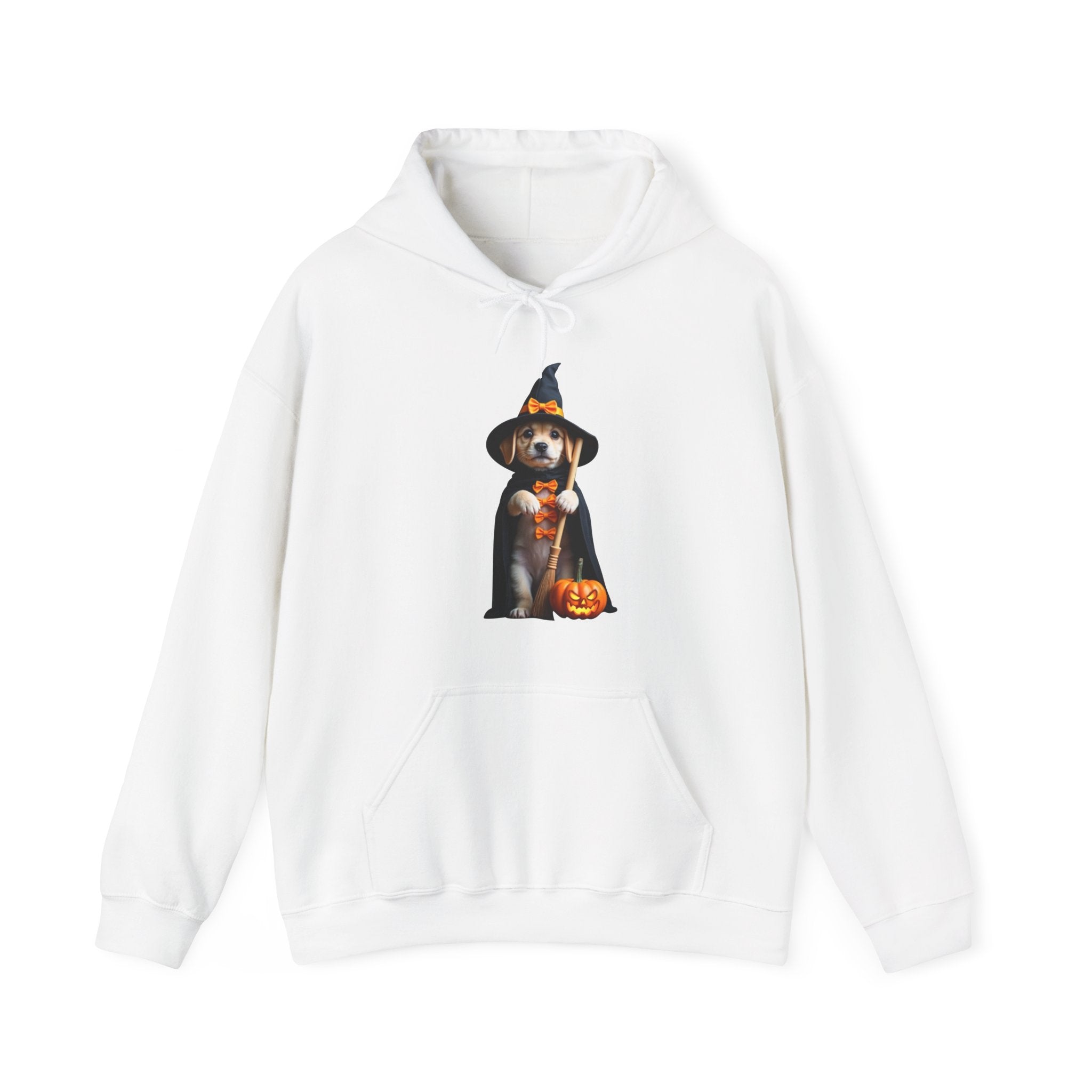 White hoodie with a dog wearing a witch hat and pumpkin design on a white background