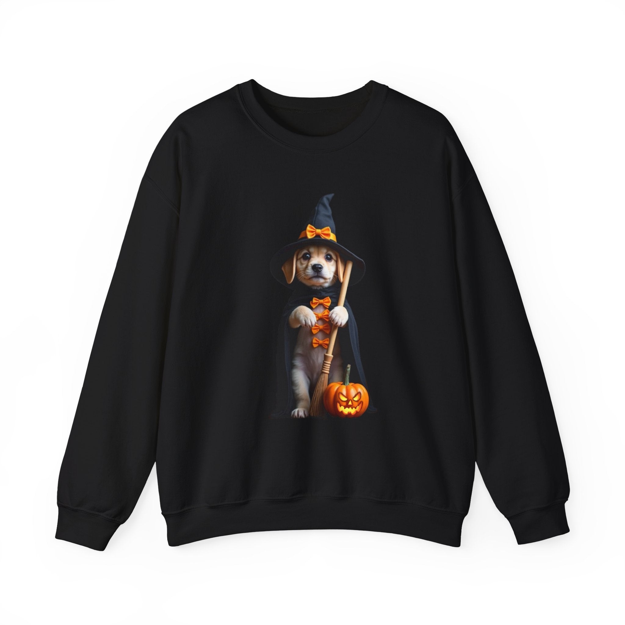 Black sweatshirt with a Halloween-themed design of a dog in a witch costume holding a pumpkin on a white background.
