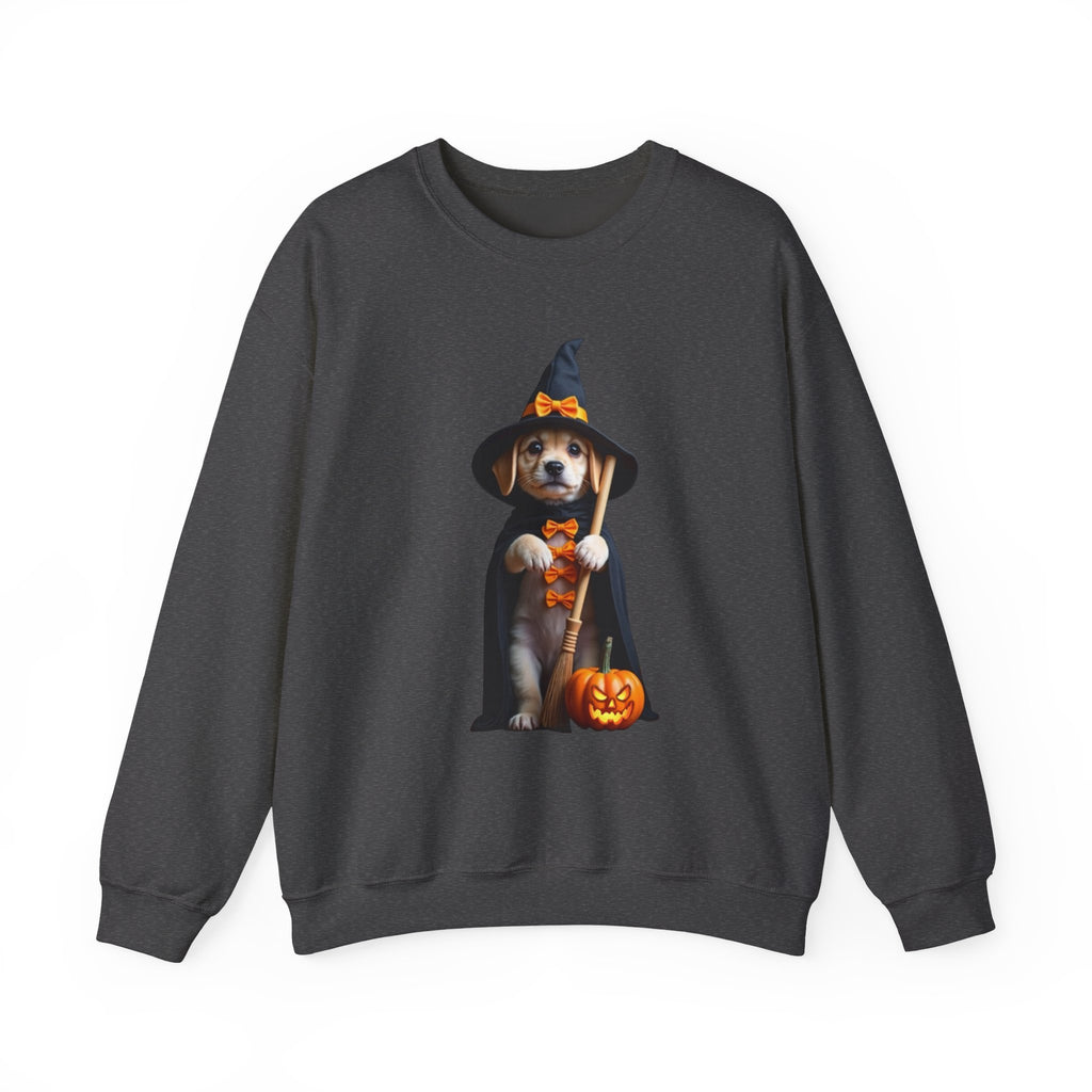 Dark gray sweatshirt with a Halloween-themed dog graphic on a white background