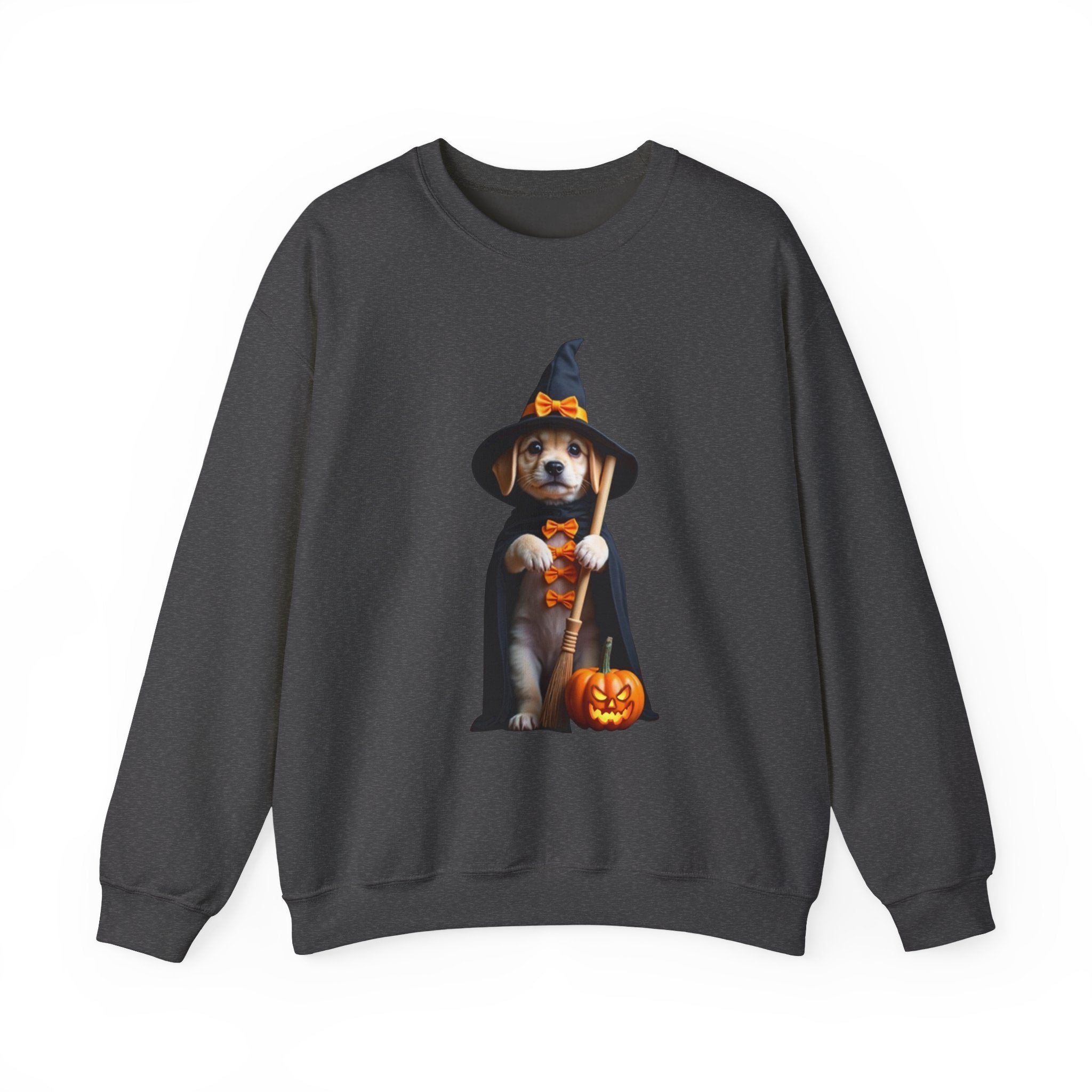 Dark gray sweatshirt with a Halloween-themed dog graphic on a white background
