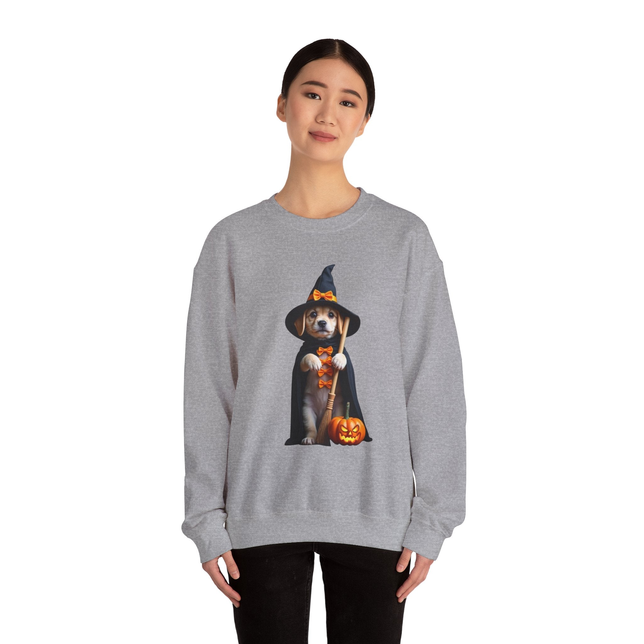 Person wearing a gray sweatshirt with a Halloween-themed design of a dog in a witch costume.