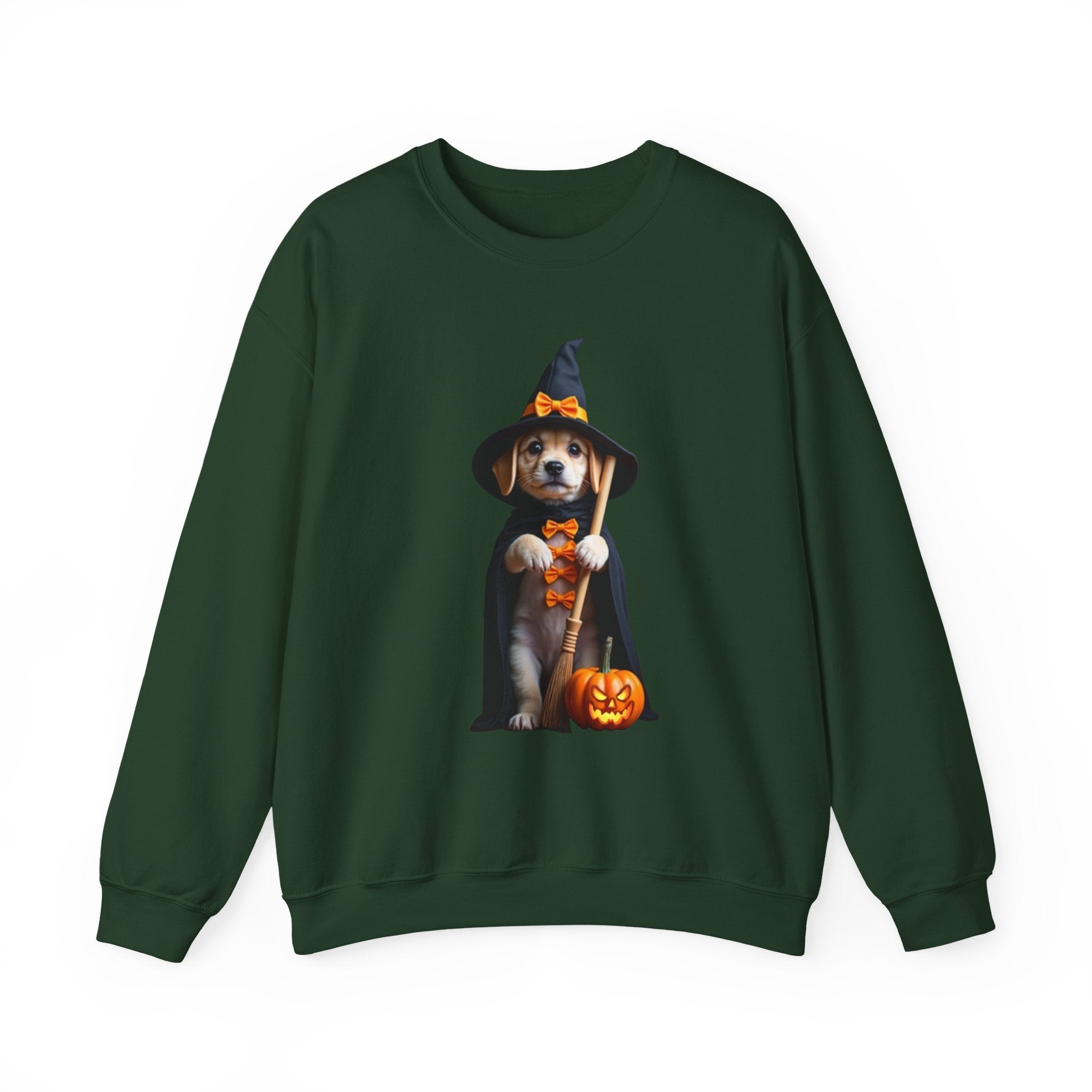 Forest green sweatshirt with a dog in a witch costume and pumpkin design on a white background