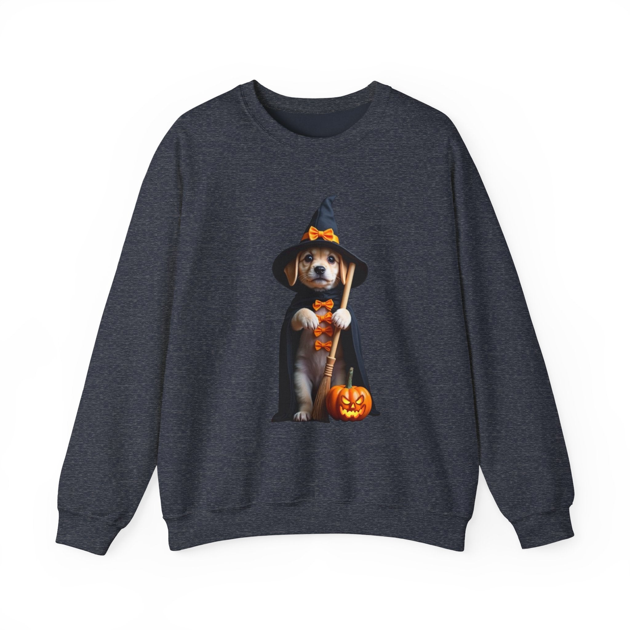 Heather sport dark navy sweatshirt with a Halloween-themed dog graphic on a white background