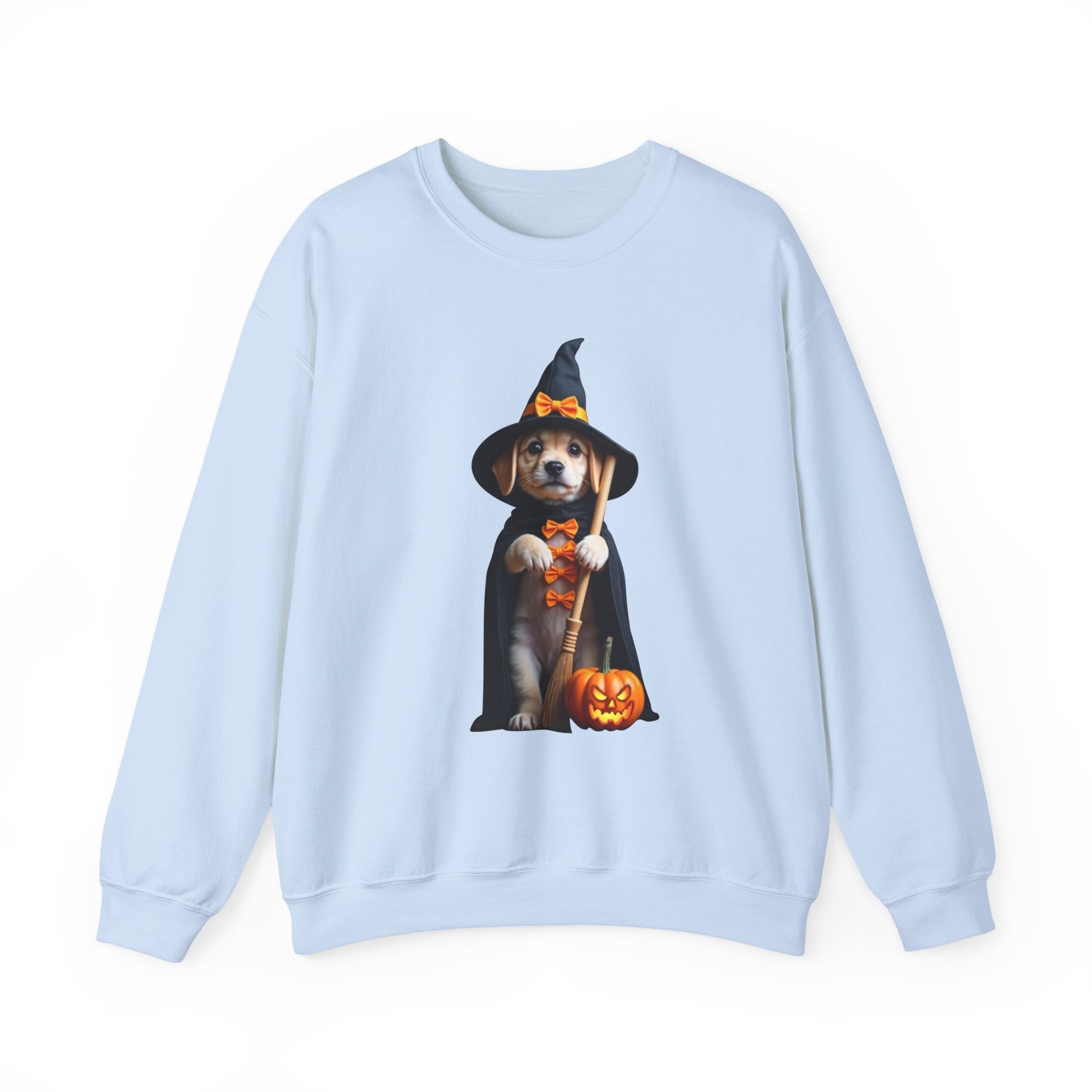 Light blue sweatshirt with a Halloween-themed dog graphic on a white background