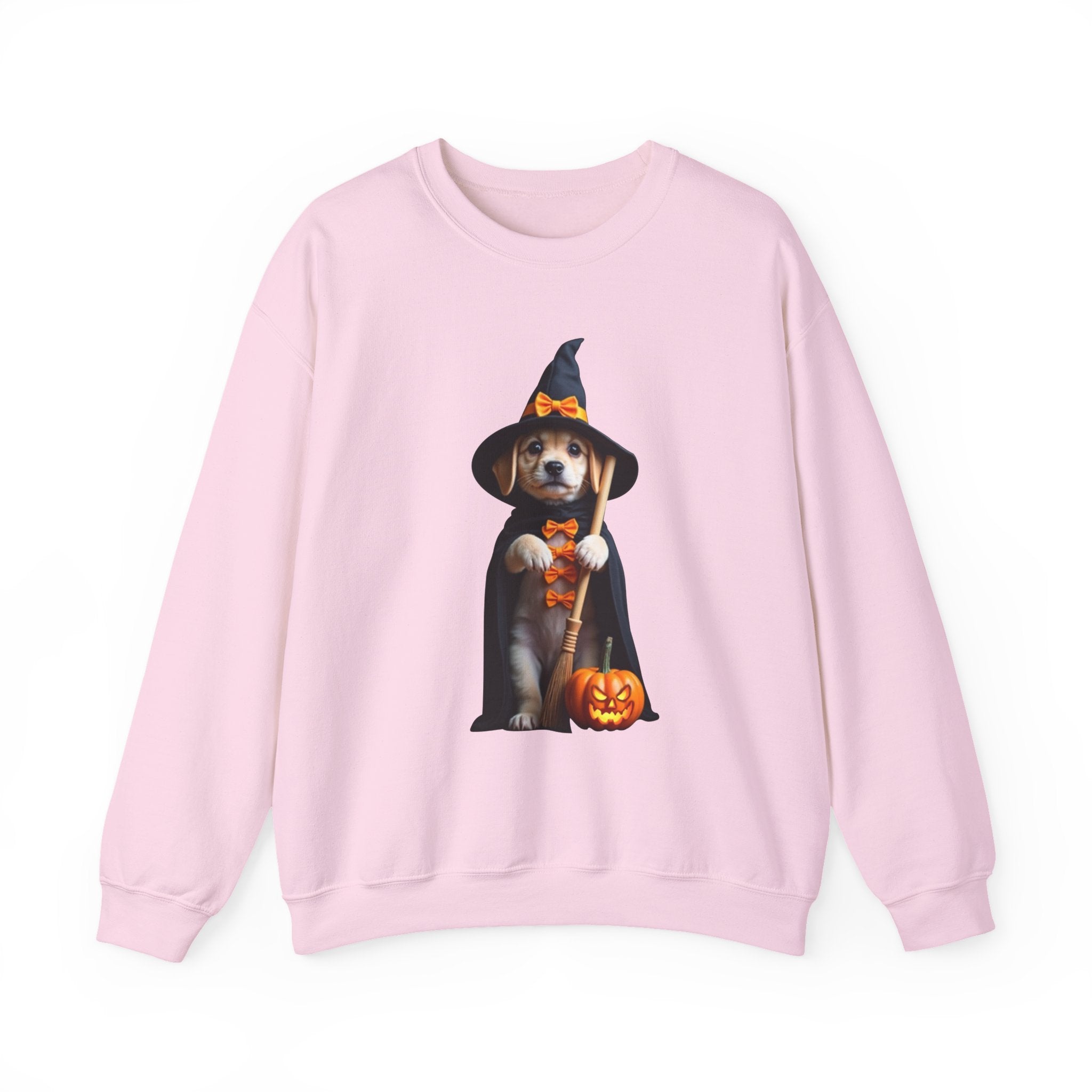 Pink sweatshirt with a Halloween-themed dog graphic on a white background