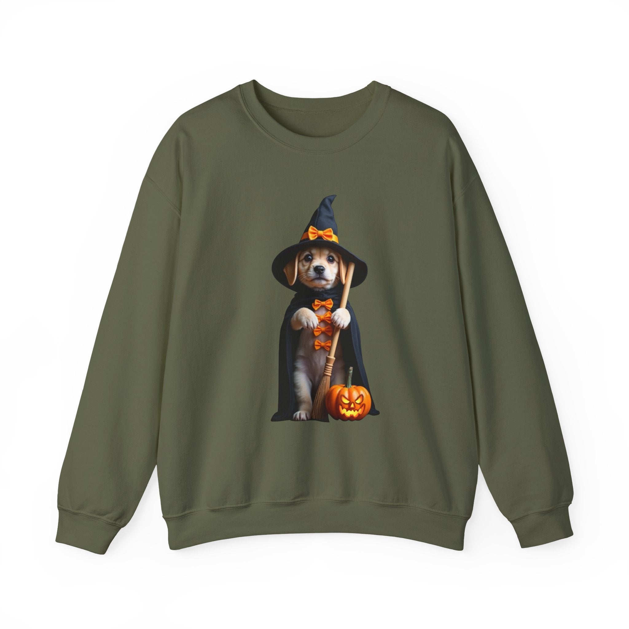 Military green sweatshirt with a Halloween-themed dog design on a white background
