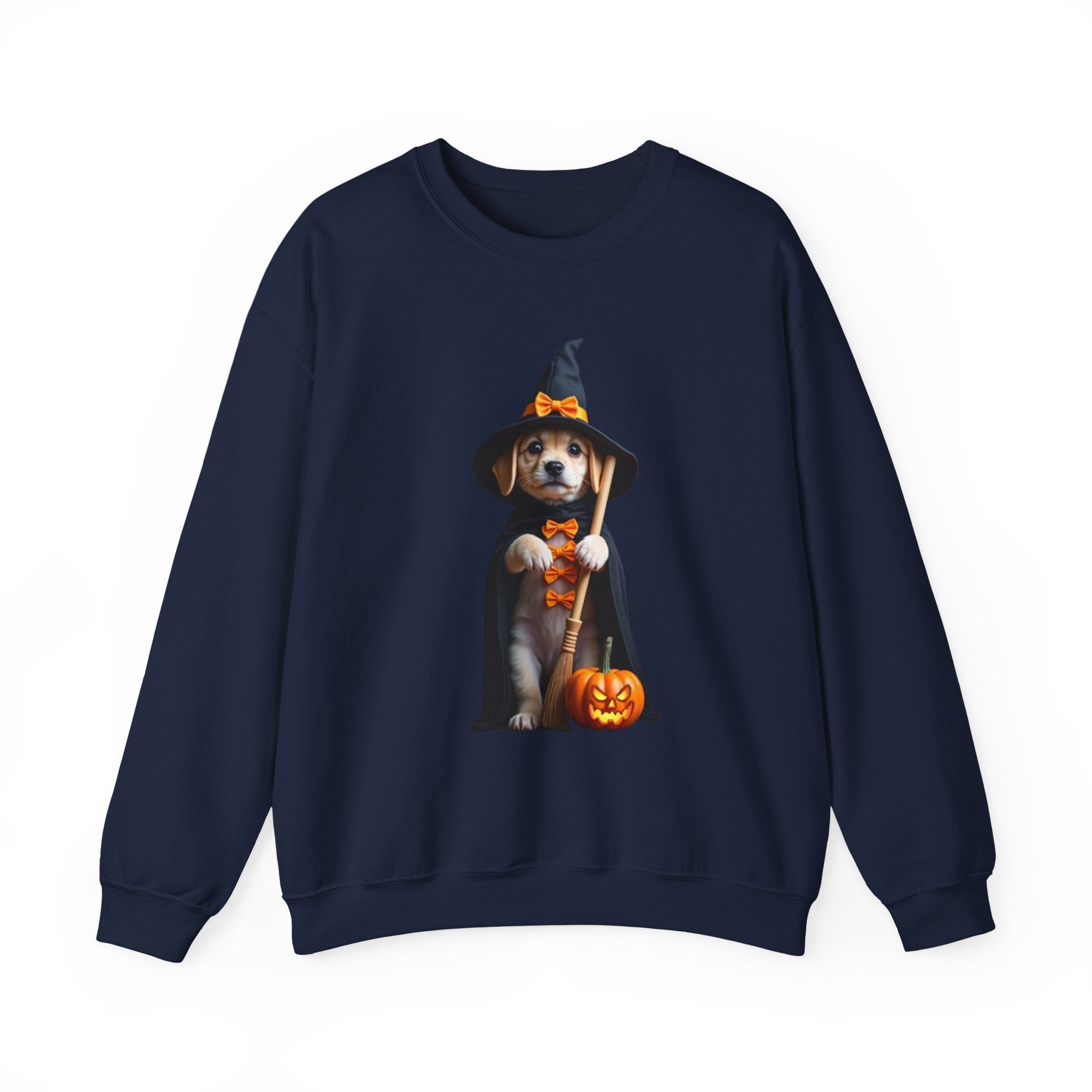 Navy blue sweatshirt with a Halloween-themed dog graphic on a white background