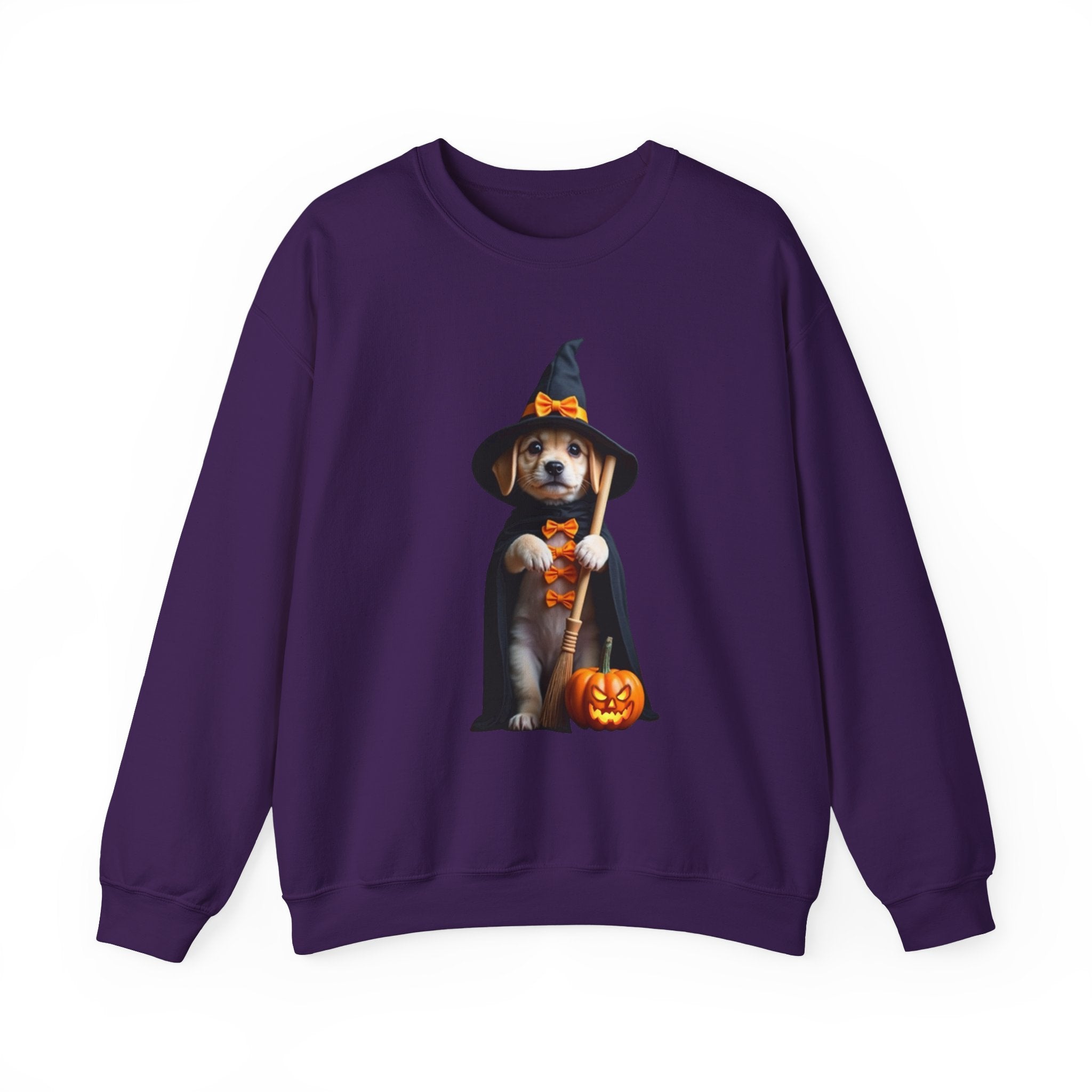 Purple sweatshirt with a Halloween-themed dog graphic on a white background