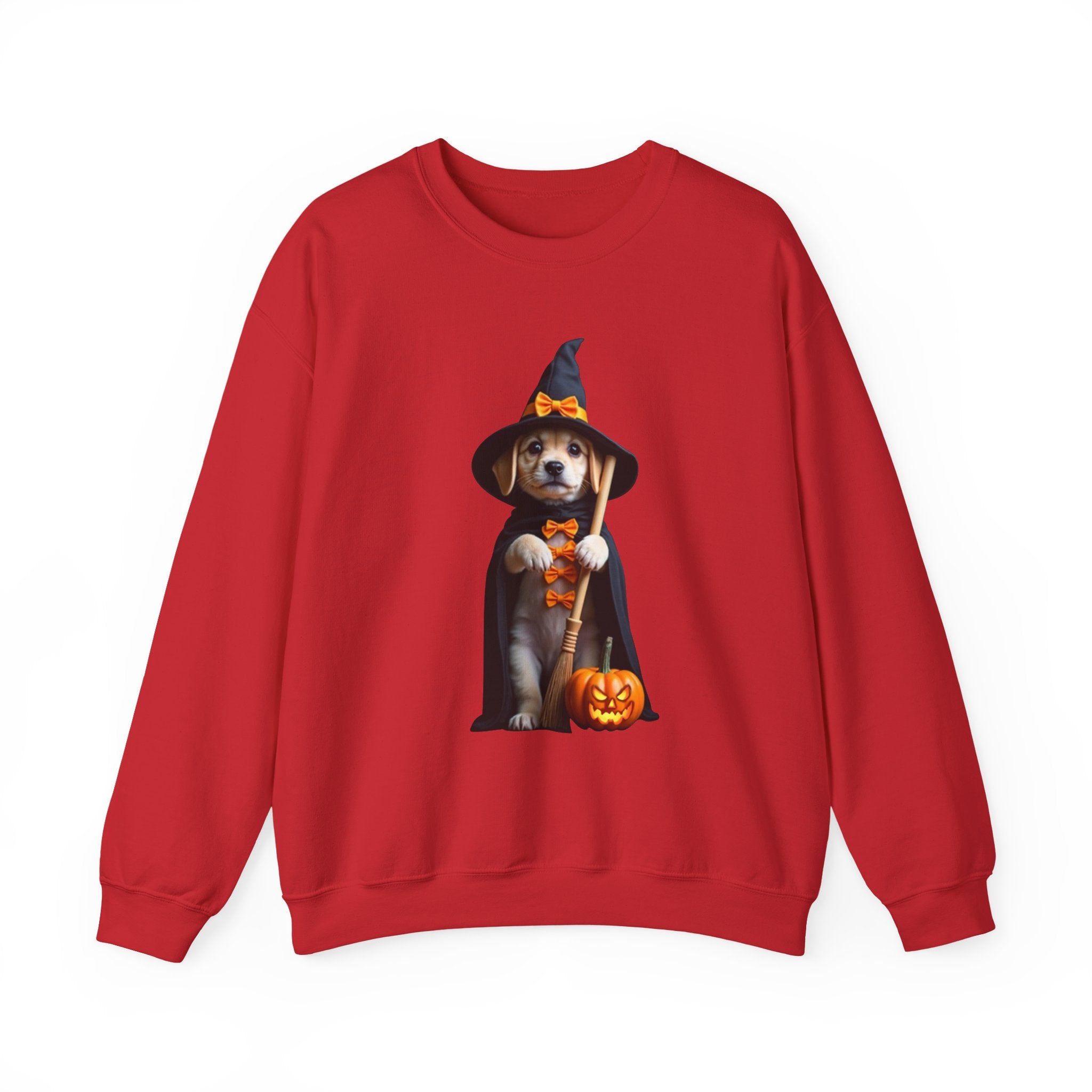 Red sweatshirt with a Halloween-themed dog graphic on a white background