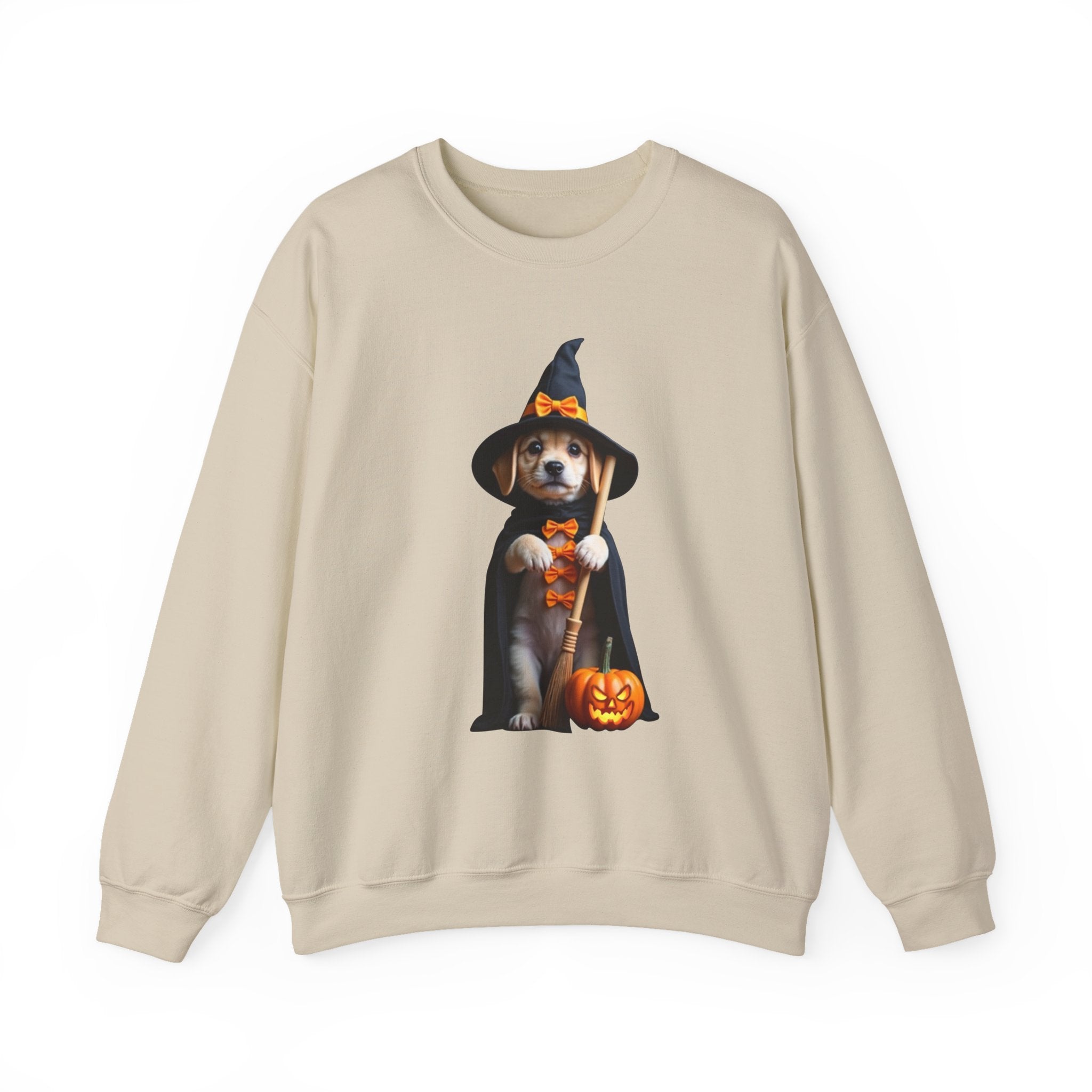 Beige sweatshirt with a Halloween-themed dog graphic on a white background