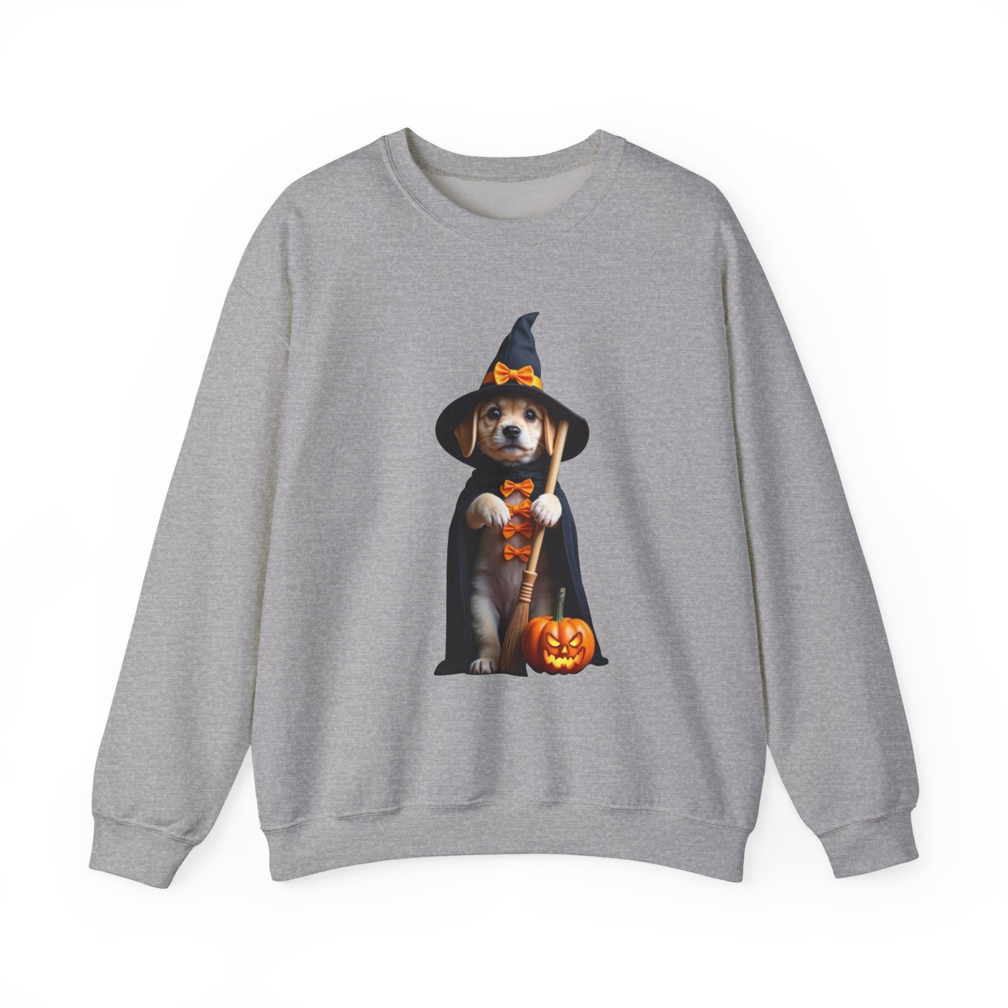 Gray sweatshirt with a Halloween-themed dog graphic on a white background