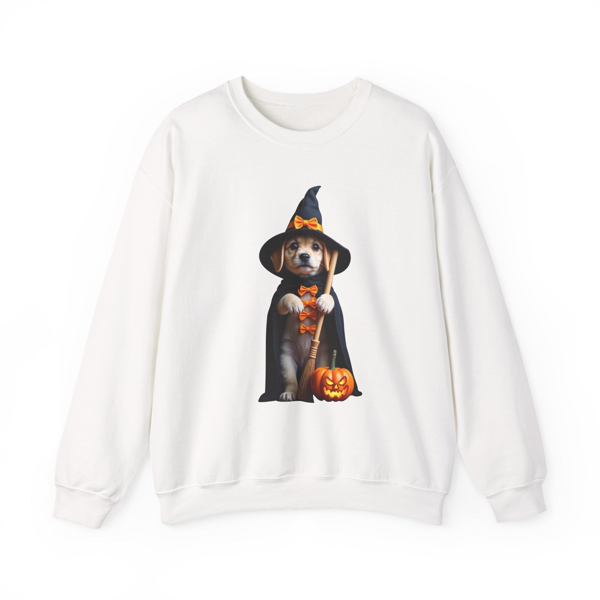 White sweatshirt with a Halloween-themed dog graphic on a white background