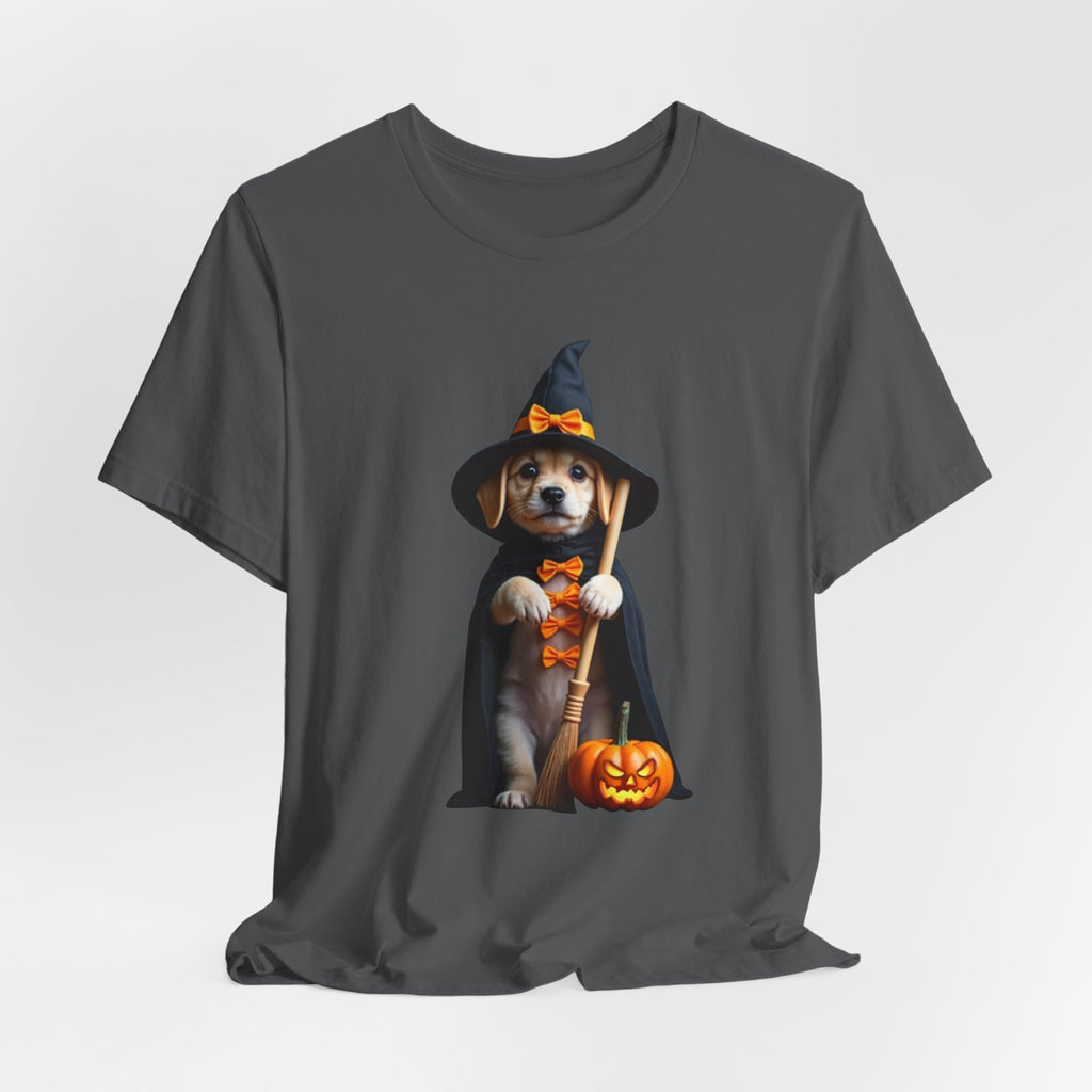 Asphalt gray t-shirt with a Halloween-themed design of a dog in a witch costume holding a pumpkin on a white background.