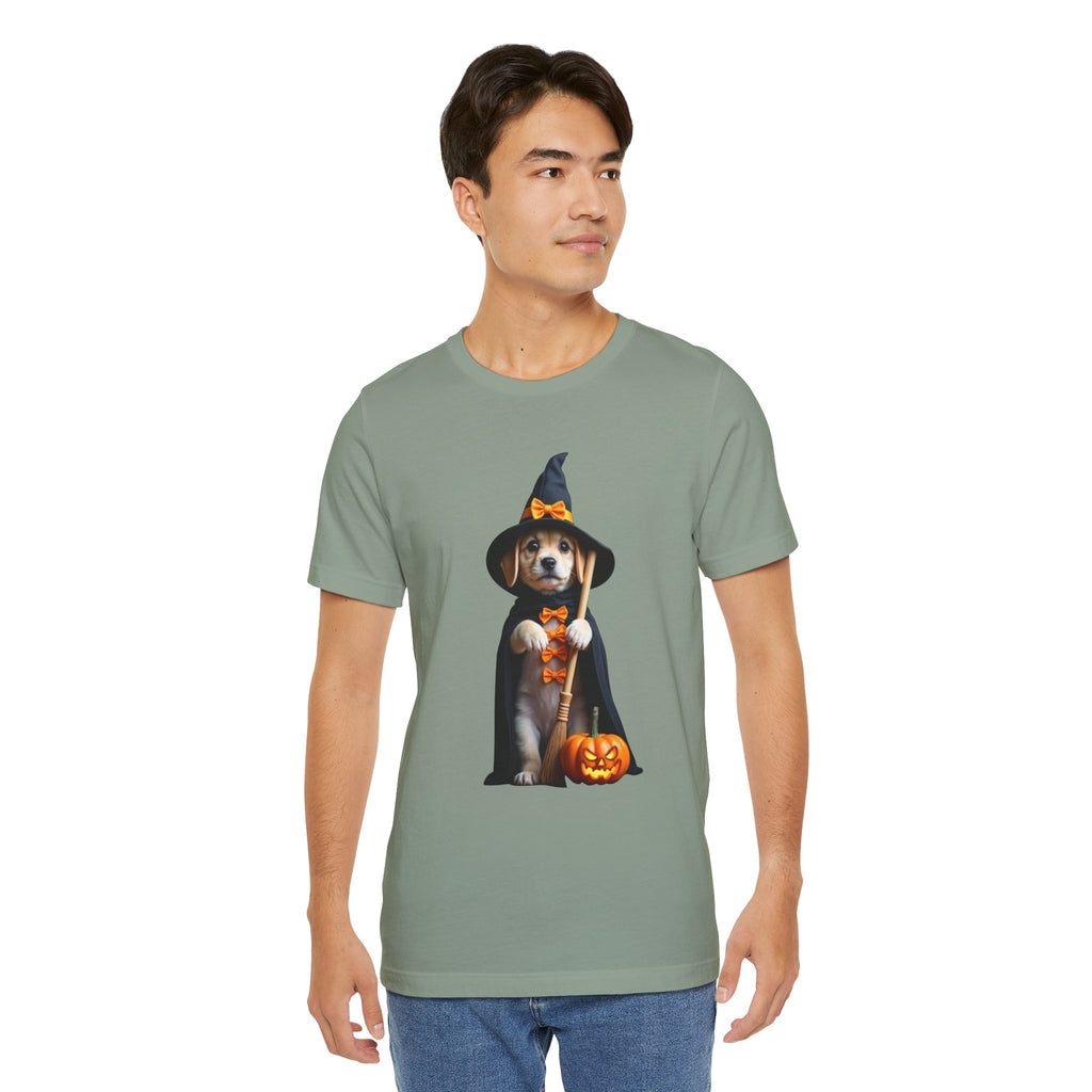 Person wearing a green t-shirt with a Halloween-themed dog graphic on a white background