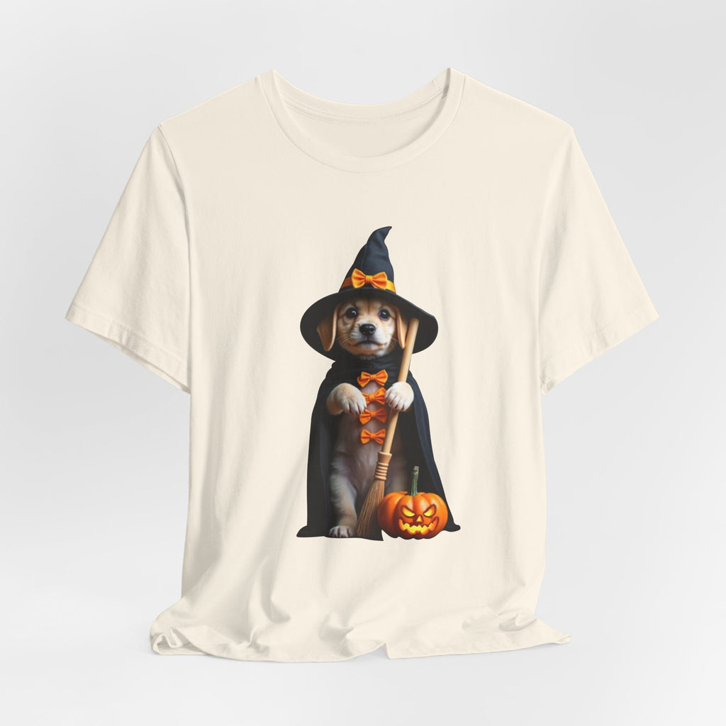 Natural beige t-shirt with a graphic of a dog in a Halloween costume on a light gray background