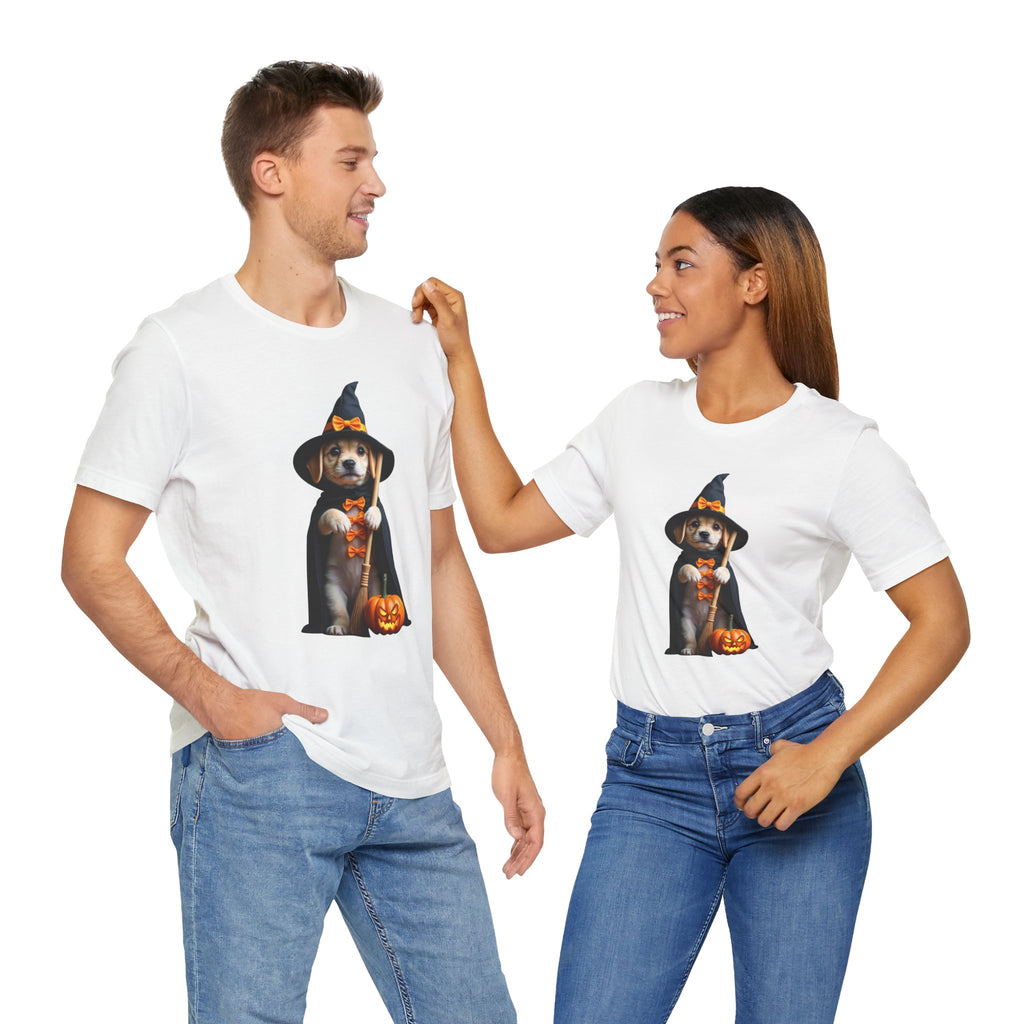 Two people wearing white t-shirts with a dog in a witch costume graphic.