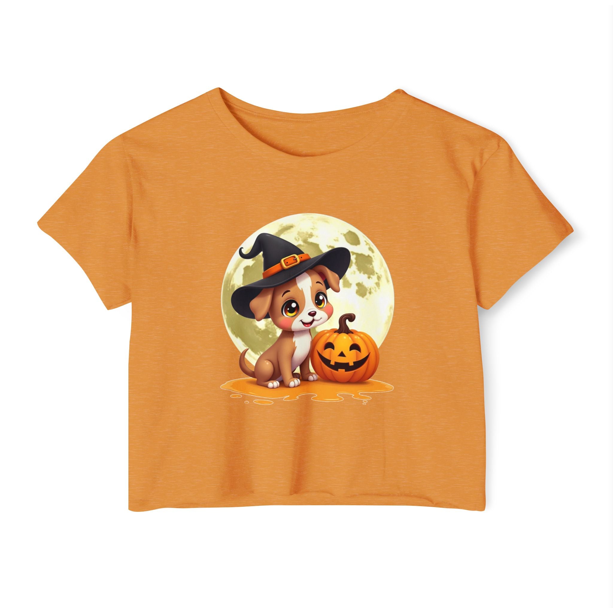 Antique gold orange t-shirt with a Halloween-themed design featuring a dog in a witch hat and pumpkin.